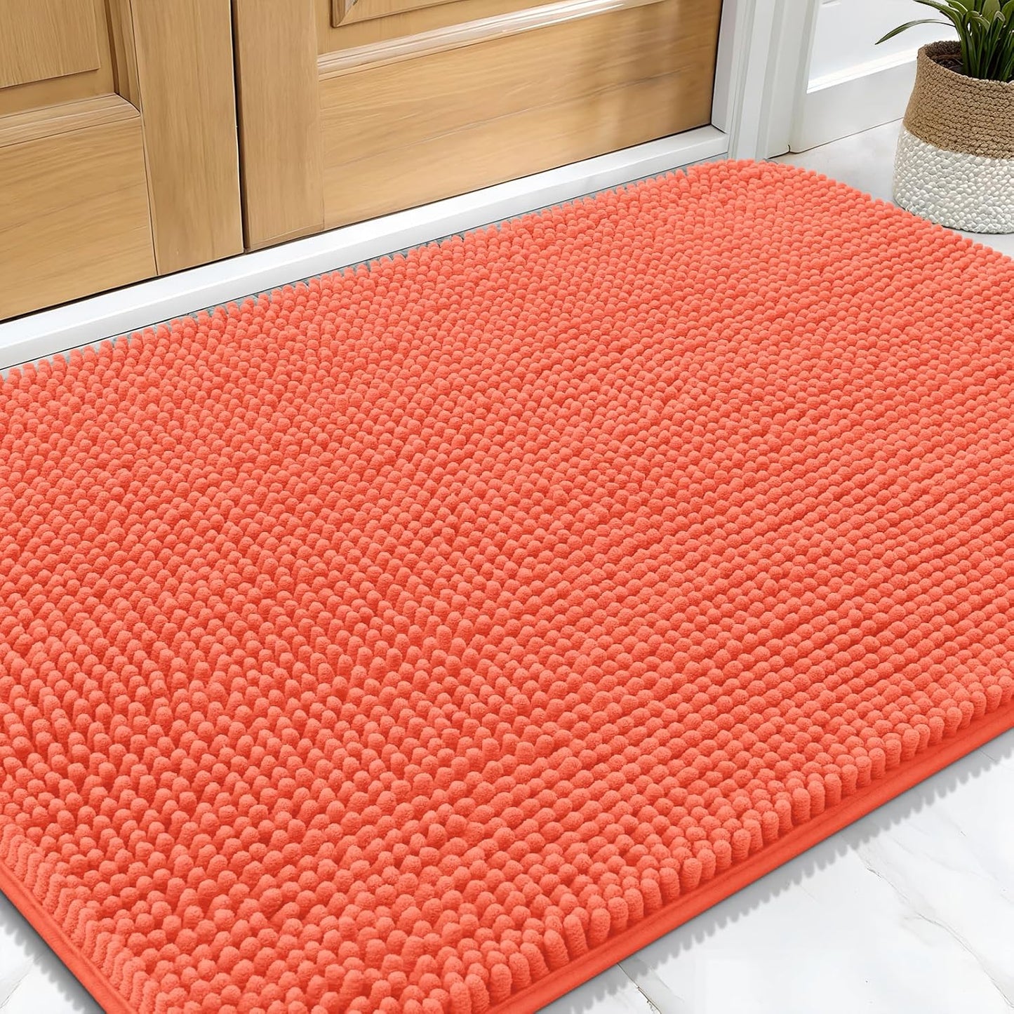 OLANLY Dog Door Mat for Muddy Paws 34x21, Absorbs Moisture and Dirt, Absorbent Non-Slip Washable Doormat, Quick Dry Chenille Mud Mat for Dogs, Entry Indoor Entryway Carpet for Inside Floor, Coral