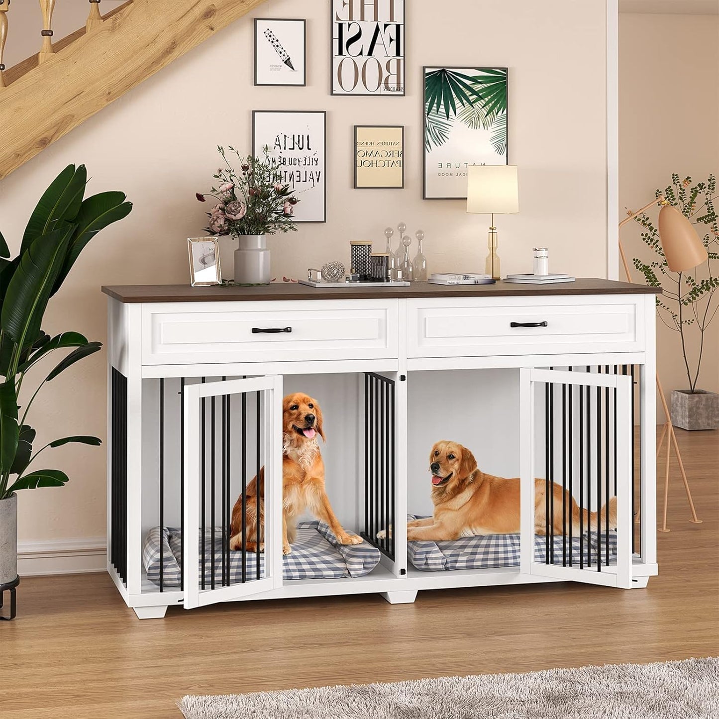 Large Dog Crate with Double Rooms, 72" Heavy Duty Wooden Dog Cage Furniture Dog Crate Kennel with Drawers & Removable Divider,Indoor Luxury Dog House for Large Dogs,White