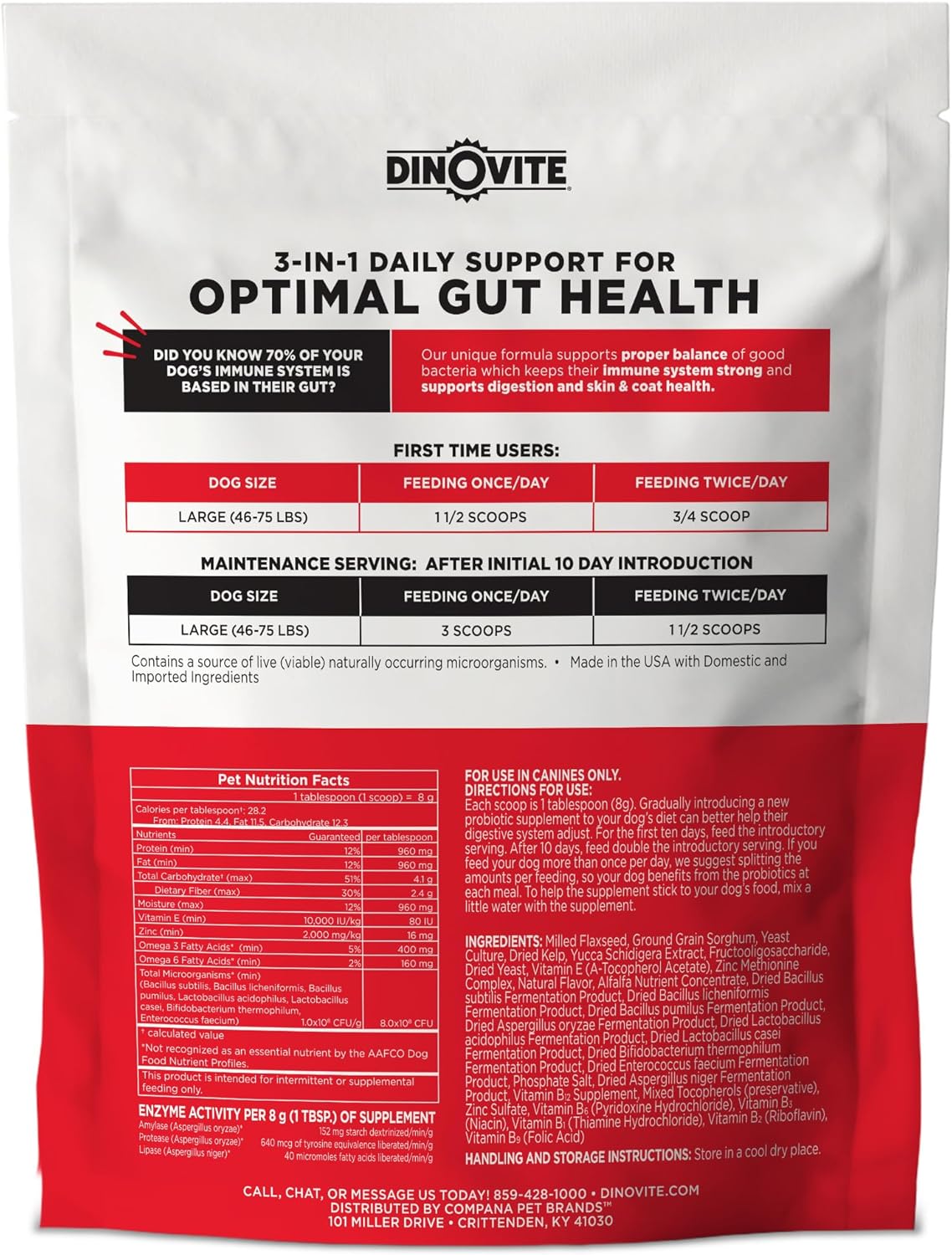 Dinovite Probiotic Supplement for Dogs - Omega 3 - Hot Spot Relief - Skin & Coat Supplement - 30 Day Supply (30 Day Supply, Large Dogs (45+ lbs))