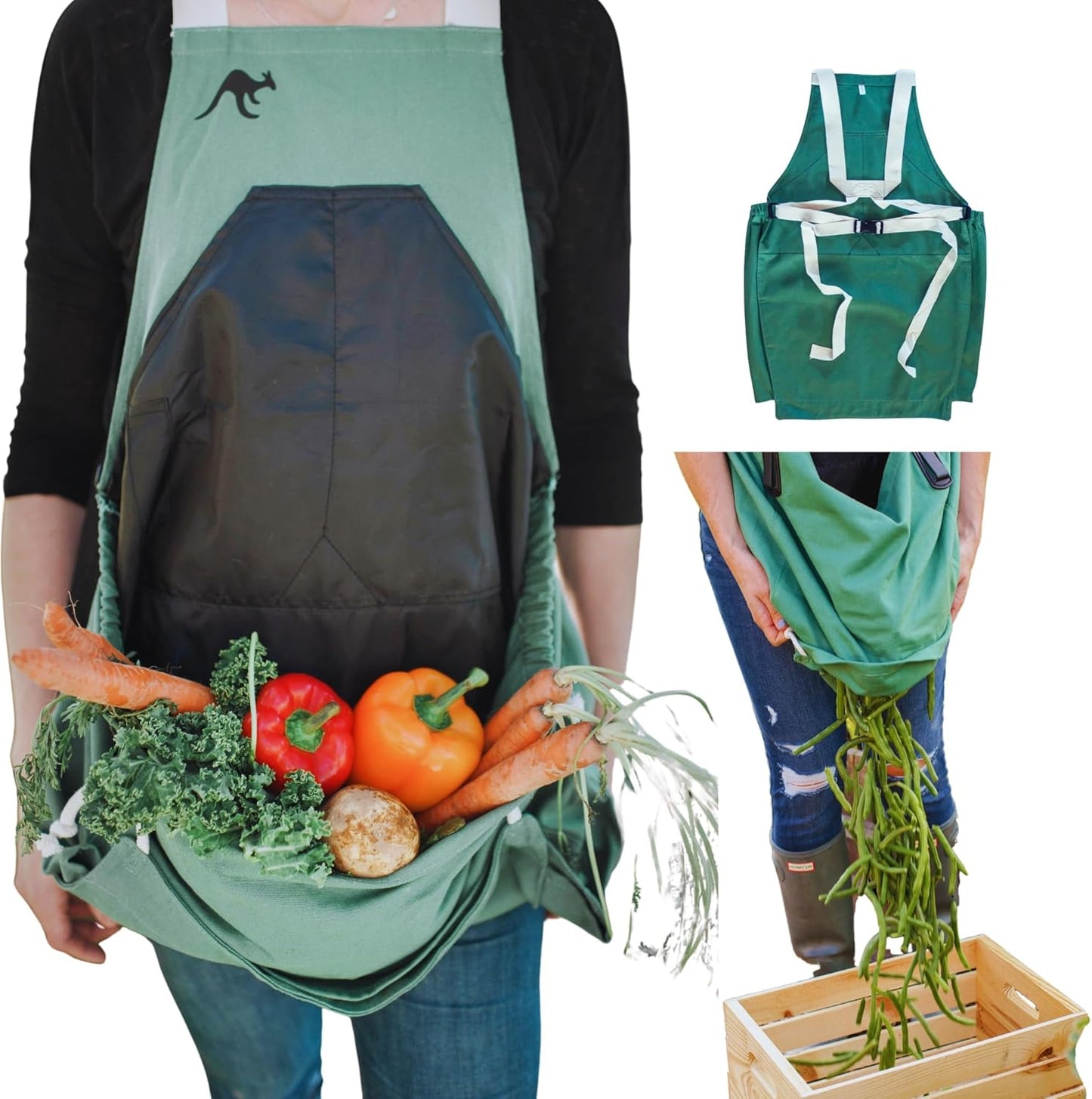 Roo Gardening Apron with Pockets & Harvesting, Picking Pouch - Adjustable, Water-resistant, Washable Canvas Cotton
