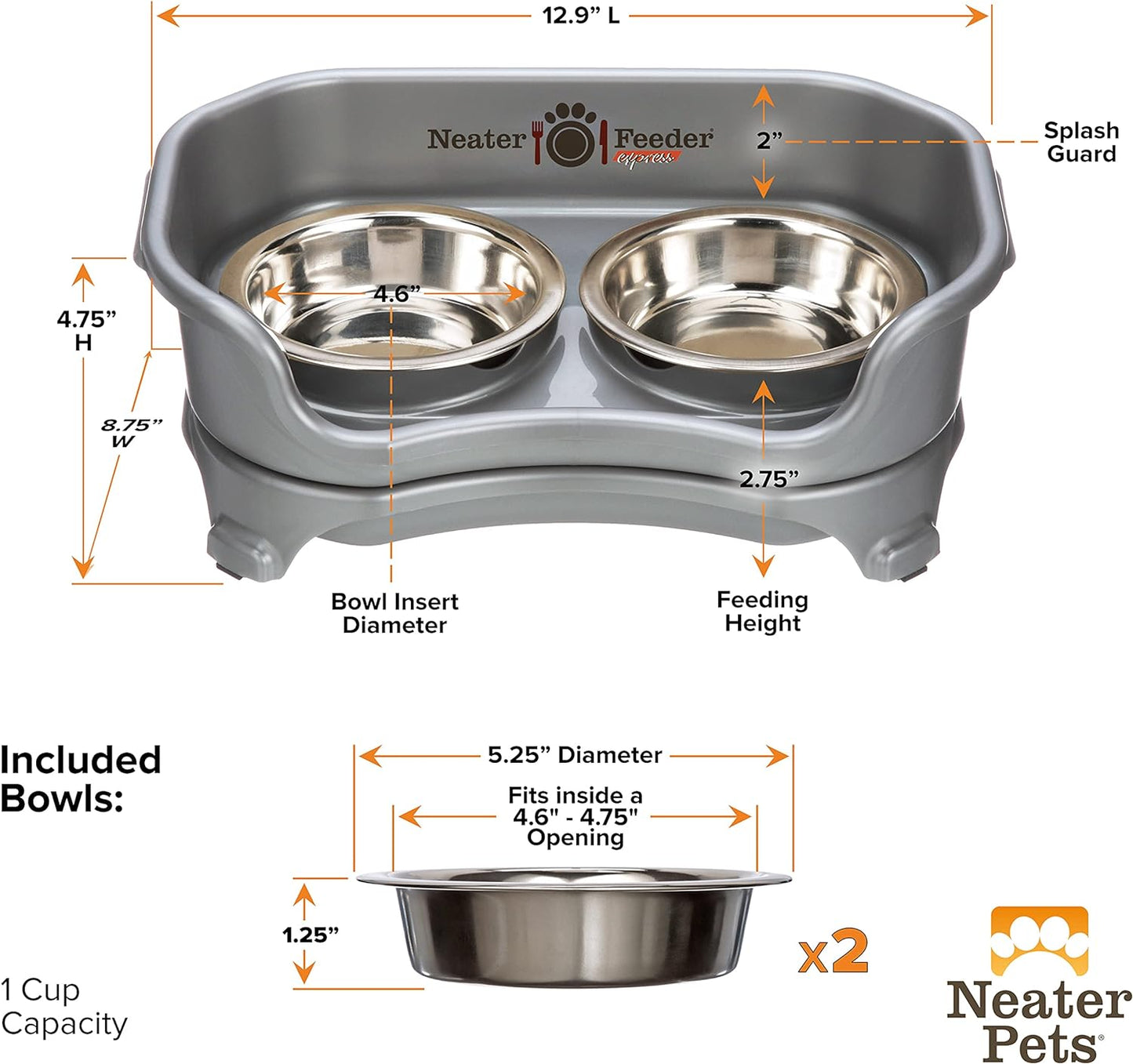 Neater Feeder Express Mess Proof Cat Bowls Elevated, No Spill Feeding Station, Stainless Steel Dishes for Food and Water, Raised Bowls for Indoor Cats, No Fatigue Whisker Friendly Dish, Grey