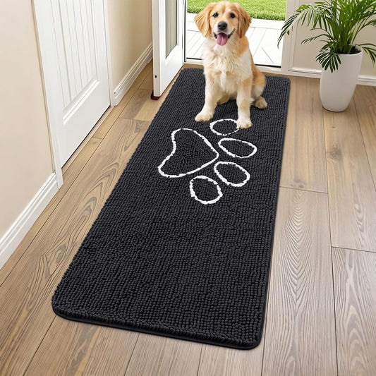 Smiry Dog Door Mat for Muddy Paws, Absorbent Dirt Trapper Non Slip Quick Dry Washable Chenille Mat for Mud Dogs, Entry Rug for Indoor and Outdoor (59x24 Inches, Black)