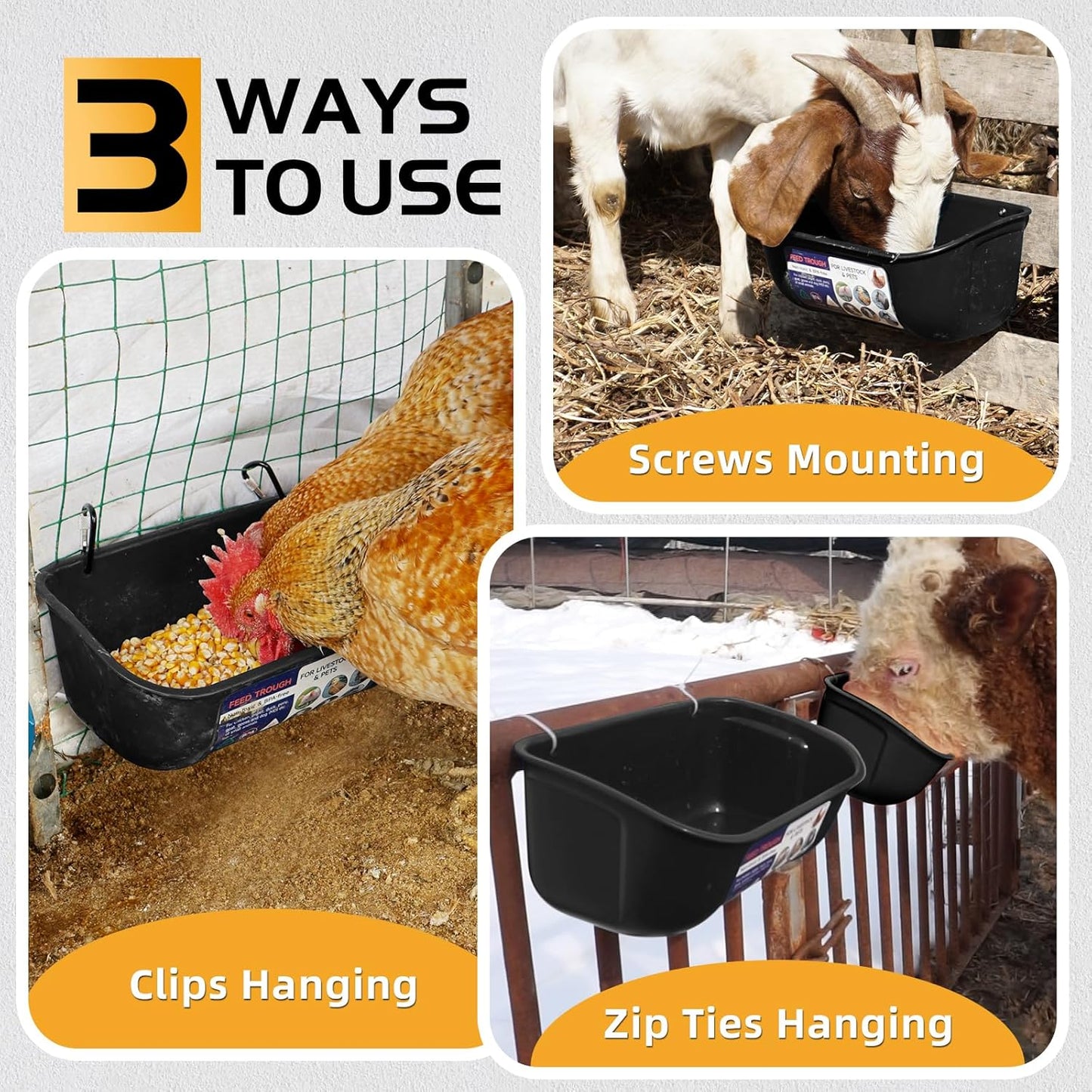 Goovilla Chicken Feeder Waterer, Hanging or Screw-in Fence Feeders with Clips, 2 Pack 5 Quart Goat Feeding Supplies, Duck Piglet Sheeple Coop Dog Livestock Poultry Plastic Feeder Trough Bucket, Black