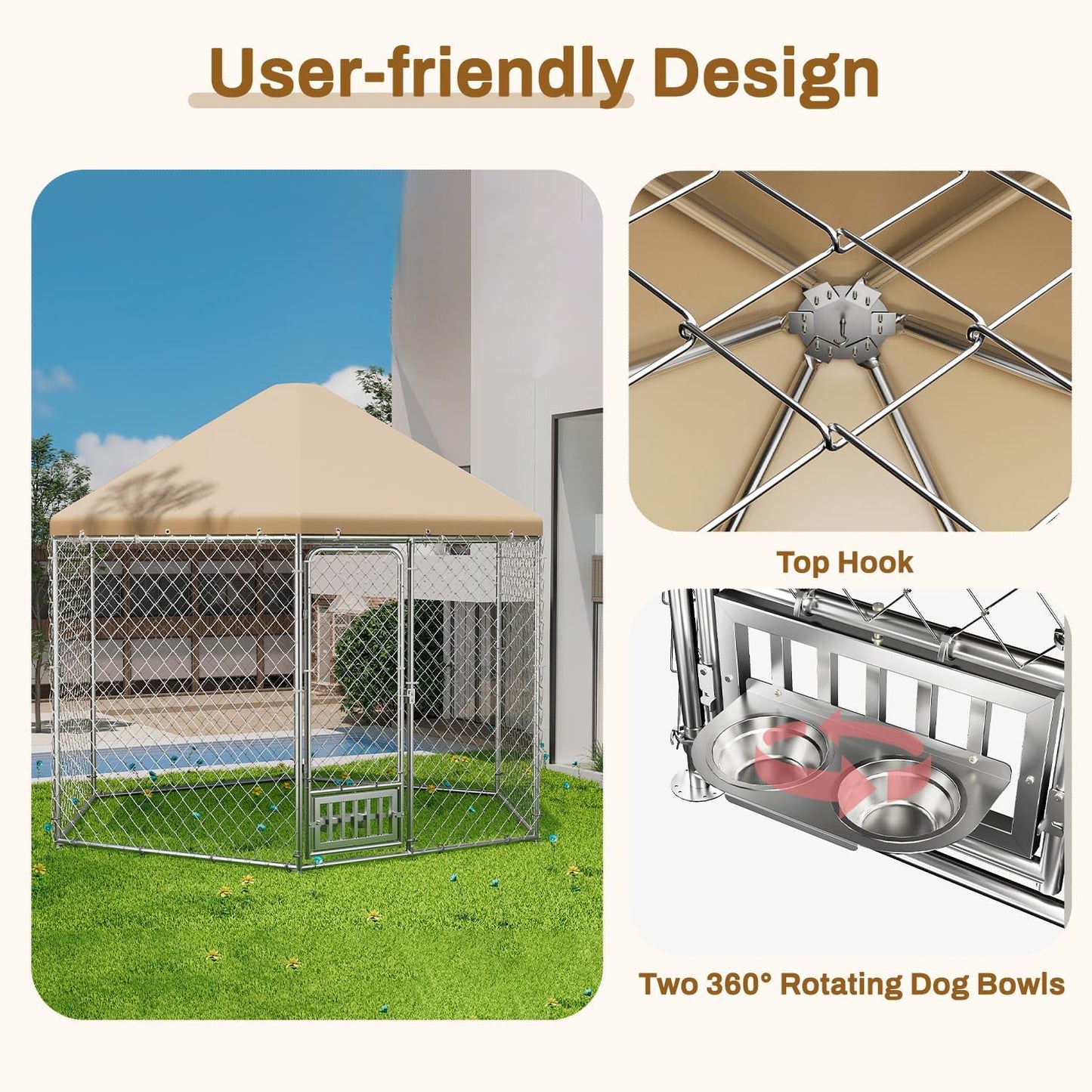 Outdoor Dog Kennel with Cover, Large Dog Run Fence House Big Cage Pen Enclosure, Heavy Duty Dogs Play Cage Pen Kennel (110" L x 95" W x 92.8" H)