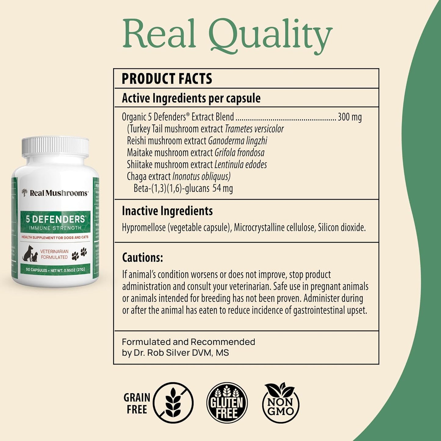 5 Defenders Mushroom Supplement for Cats & Dogs – Chaga, Shiitake, Reishi, Turkey Tail, Maitake – Cat Multivitamin & Dog Supplement for Wellness Support– 90 ct Real Mushrooms Powder Capsules