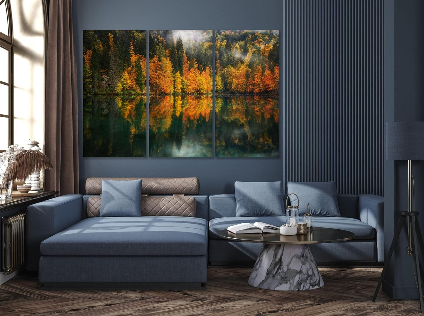 Nature Wall Art Prints - Ocean Forest Mountain Lake Canvas Landscapes - Small to Extra Large Living Room Bedroom Kitchen Bathroom Décor (Autumn by the Lake, 39L" x 59W" - 3 Panels)