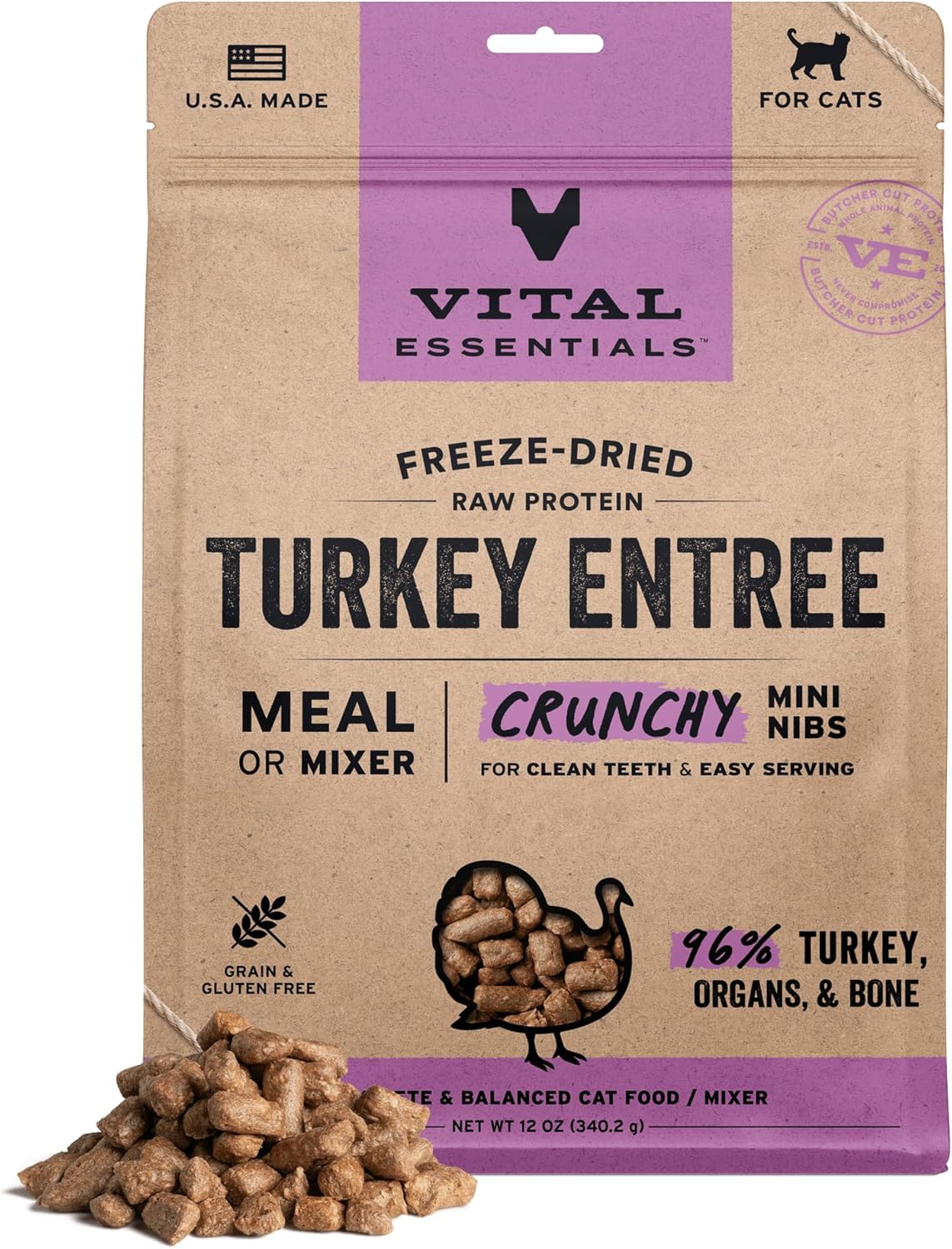 Vital Essentials Freeze-Dried Raw Turkey Meal or Mixer Cat Food Crunchy Nibs, 12 oz