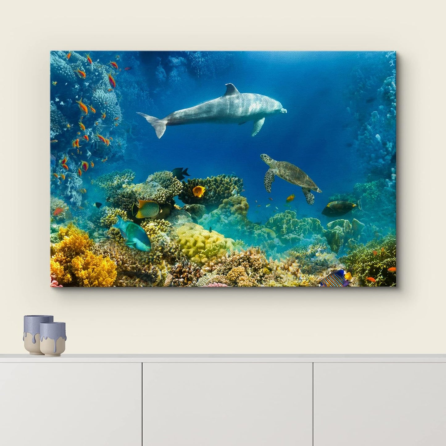 wall26 Canvas Print Wall Art Tropical Ocean Underwater Dolphin Coral Reef Nature Animals Photography Realism Rustic Scenic Landscape Wilderness Colorful for Living Room, Bedroom, Office - 16"x24"