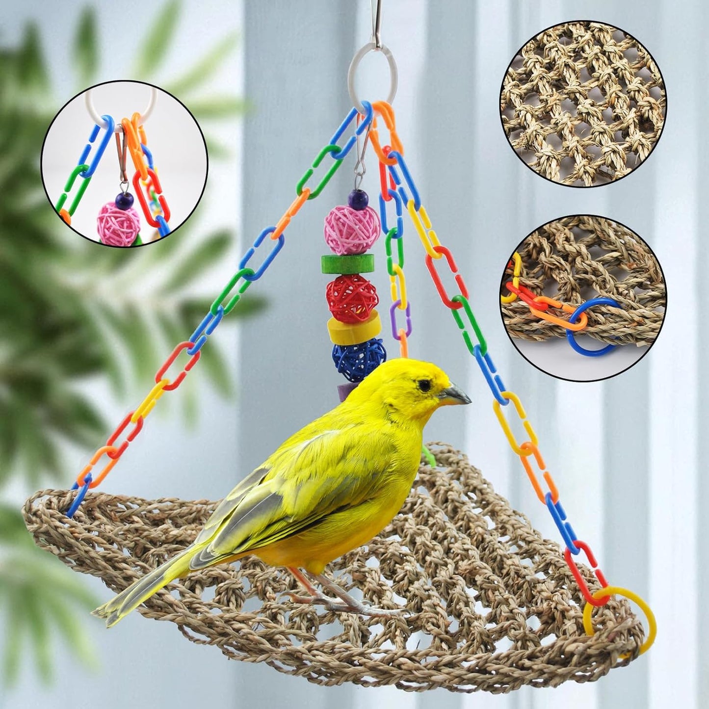Bird Swing Toys,Bird Seagrass Mat Edible Hammock Parrot Lounger with Toys Handmade Woven Hanging Hammock for Lovebird Cockatiel Canary Parakeets Finch Budgie(2 Pcs)