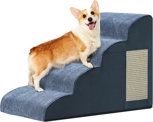 Navy Portable Pet Steps - 4-Step Dog & Cat Ramp for Bed, Couch, Sofa & Chairs - Non-Slip, High Density Foam