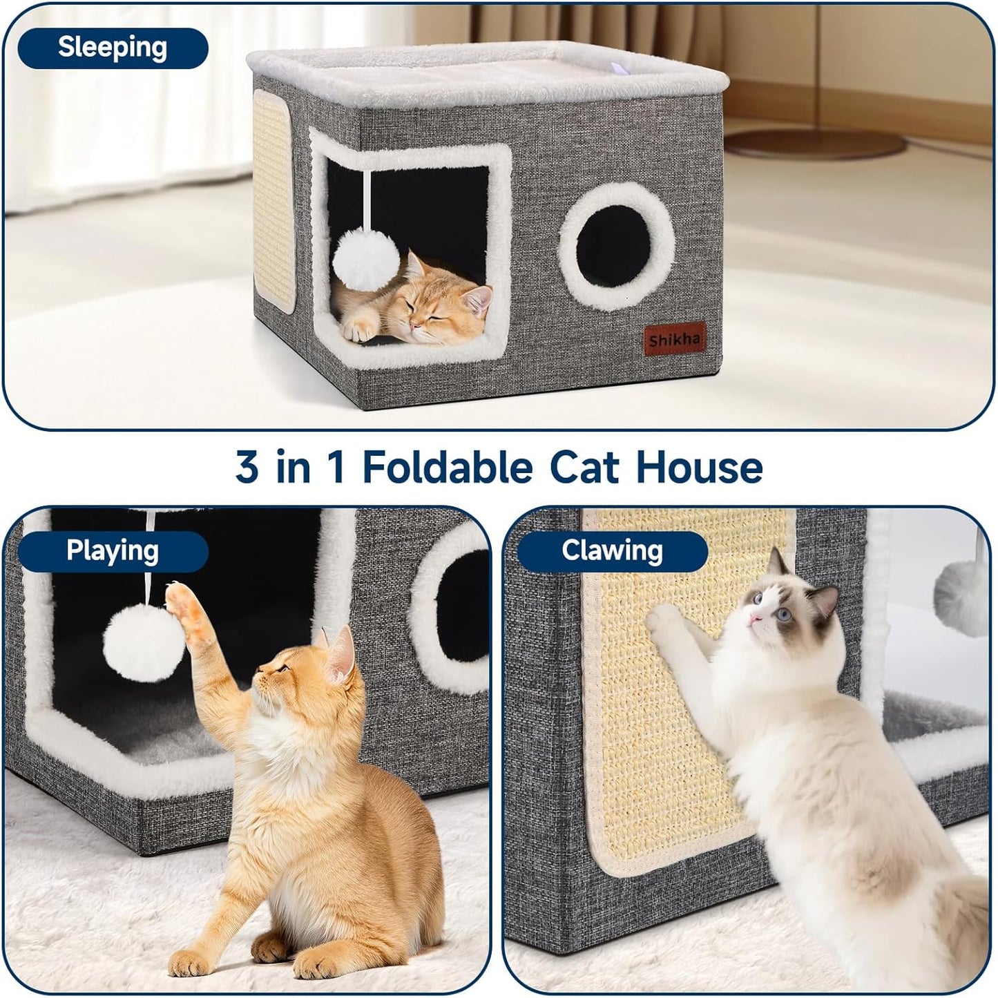 Cat Beds for Indoor Cats, Large Cat Cave with Cozy Condo, Fluffy Hanging Ball, Round Window, Foldable Indoor Cat House Hold Up to 30LBS, Cat Hideaway with Double-Sided Soft Cushions for All Seasons