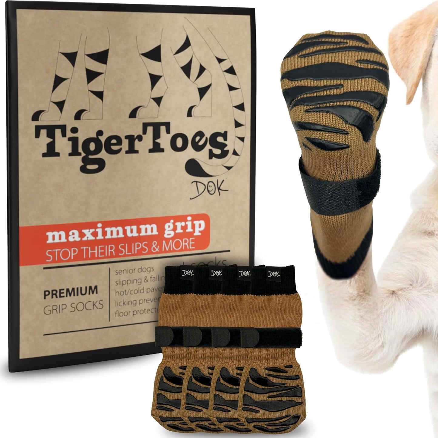 DOK TigerToes Premium Non-Slip Dog Socks for Hardwood Floors - Extra-Thick Grip That Works Even When Twisted - Prevents Licking, Slipping, and Great for Dog Paw Protection (XXL, Cool Caramel)