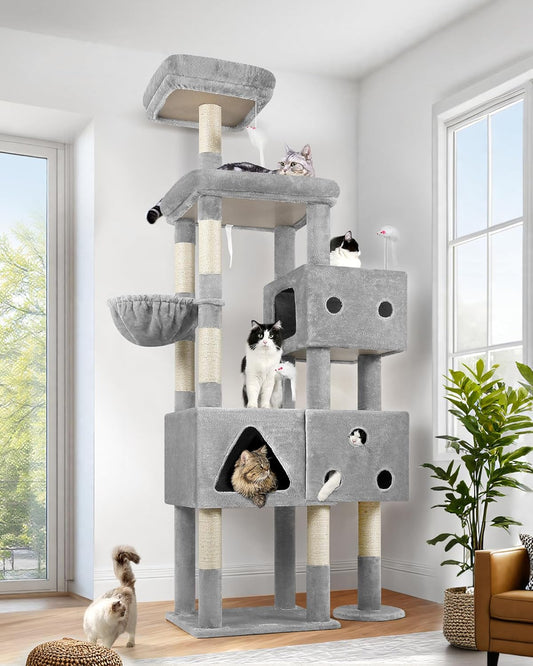 Globlazer Extra Large Cat Tower, 81-inch Tall Cat Tree for Big Cats 20 lbs, XXL Heavy Duty Cat Scratching Tower for Indoor Adult Cats with 3 Cat Condos, 8 Scratching Posts, F81, Light Grey
