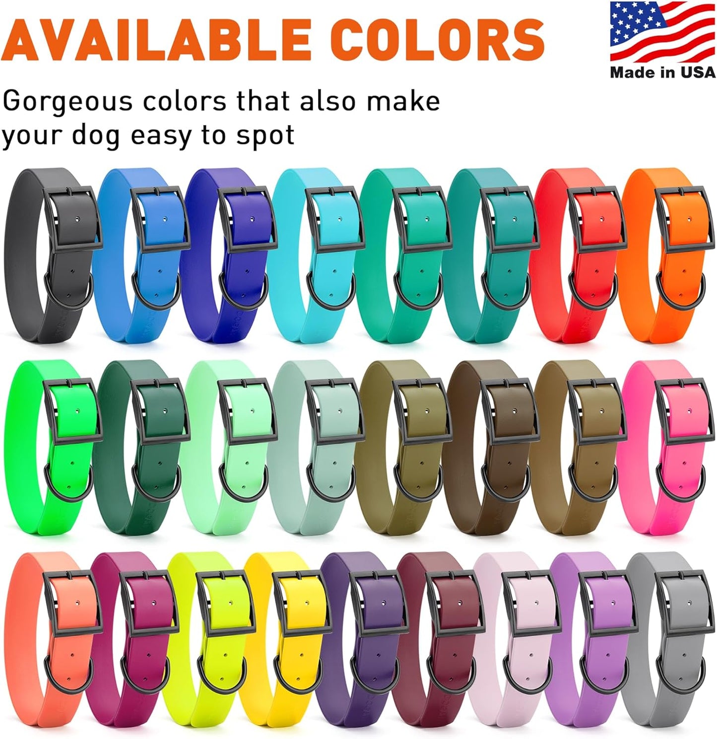 Dogline Biothane Waterproof Dog Collar Strong Coated Nylon Webbing with Black Hardware Odor- Proof for Easy Care Easy to Clean High Performance Fits Small Medium or Large Dogs, Hunter Orange