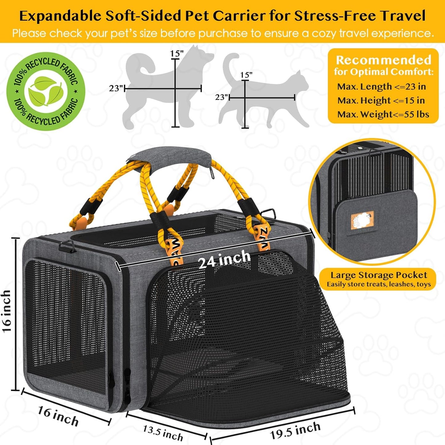 PAWZIDEA Expandable Large Pet Carrier, 24"X16"X16" Top Load Cat Carrier Bag for 2 Cats, Collapsible Dog Travel Crate for Small Medium Dog up 55lbs, Soft-Sided Car Seat Cage, XL Storage Pocket, ID Tag