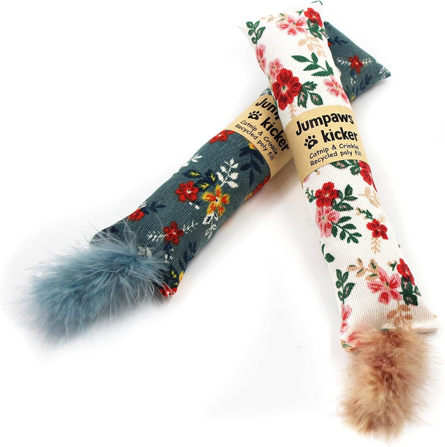 2 Pack Natural Interactive Catnip & Silvervine Cat Kicker with Feathers, Bite Resistant Chew Toy, Crinkle Kicker, Accessories for Indoor Cat, Premium Corduroy Floral