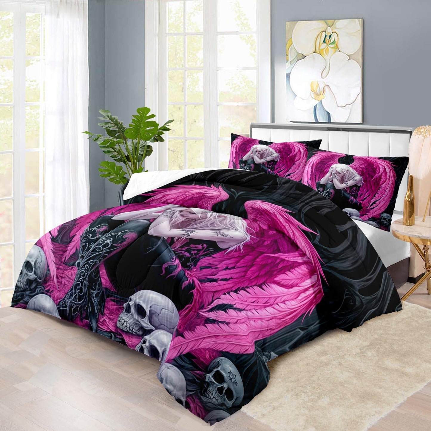 Gothic Skull Comforter Set Twin for Adults,Angel Wings Bedding Set Pink for Girls,Sexy Angel Comforter Bedroom Decor Teen,Gothic Skull Bedding Decor Pink Wings Quilt