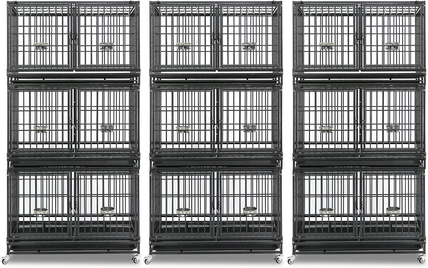 Homey Pet 3 Pack Three Tiers 43 inch Stackable Heavy Duty Dog Crate with Wheels, Indestructible Steel Dog Cage Kennel Indoor with Detachable Divider, Trays, Feeding Bowls, Escape Proof Locks