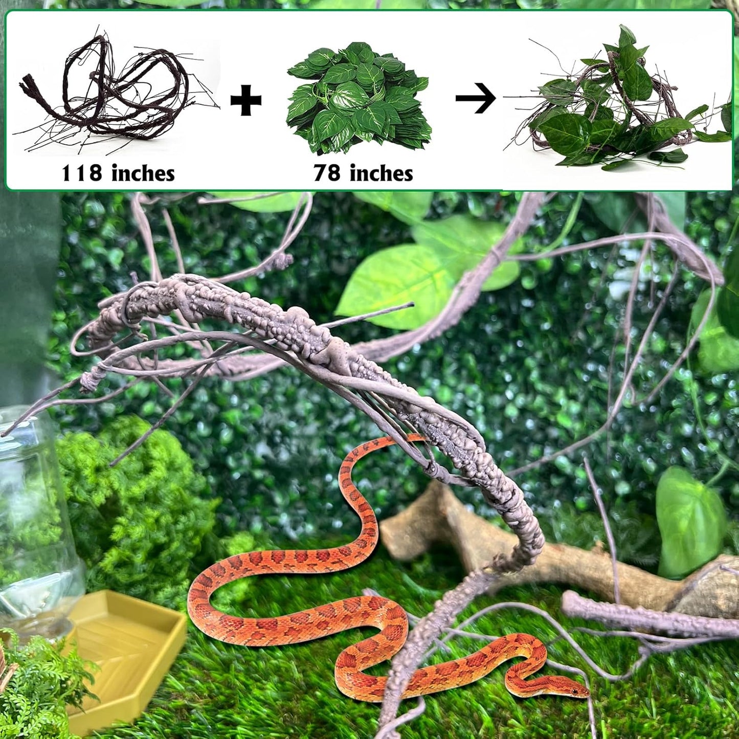 VCEPJH Long Reptile Vines Terrarium Plants 118 Inches Flexible Climbing Branch Snake Tank Accessories Greenery Habitat Decor for Bearded Dragon Chameleon Gecko Frog Lizard (S)