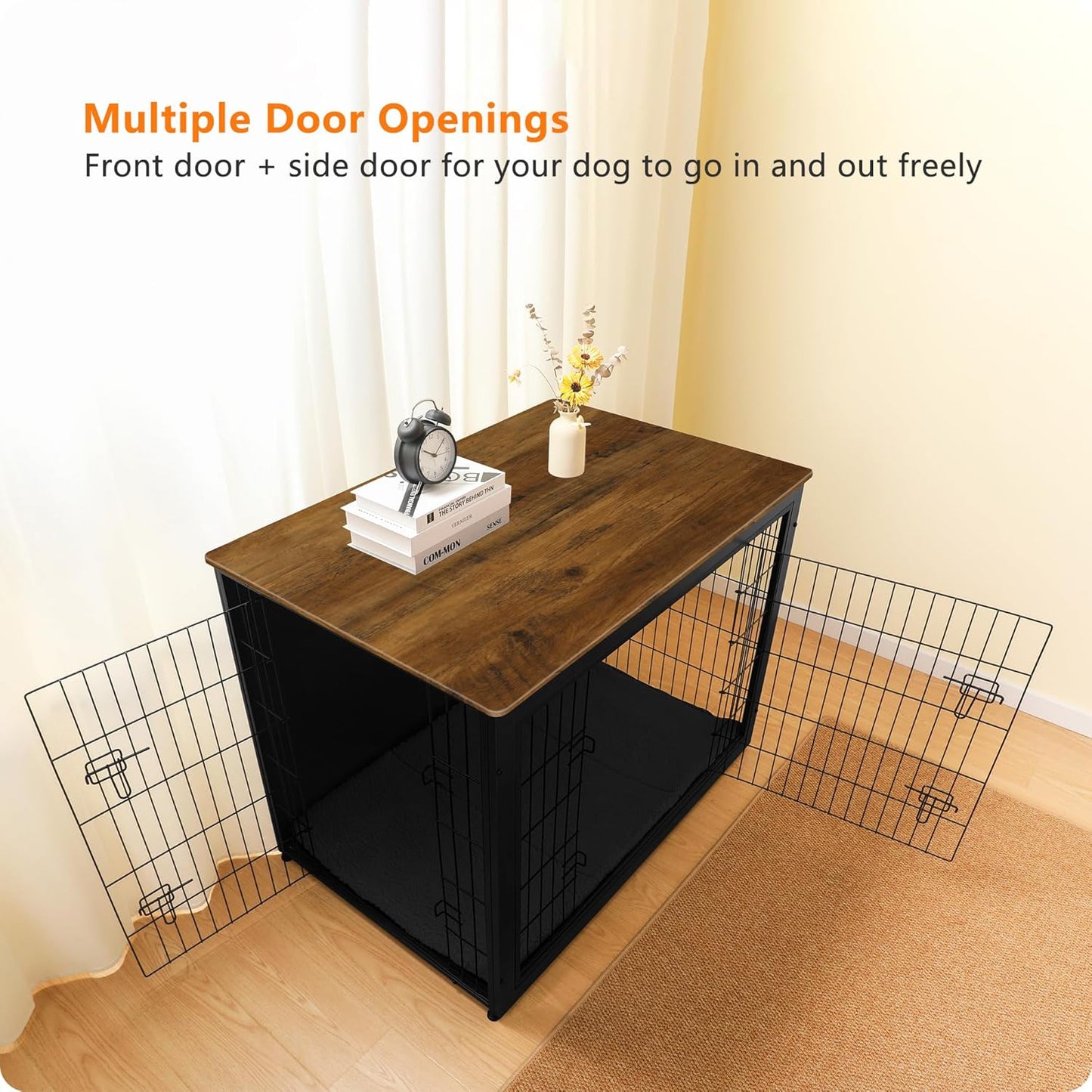 DWANTON Dog Crate Furniture with Cushion, Wooden Kennel Table with Double Doors, Indoor Dog House, Extra Large Size, 43.3" L, Black+Warm Brown