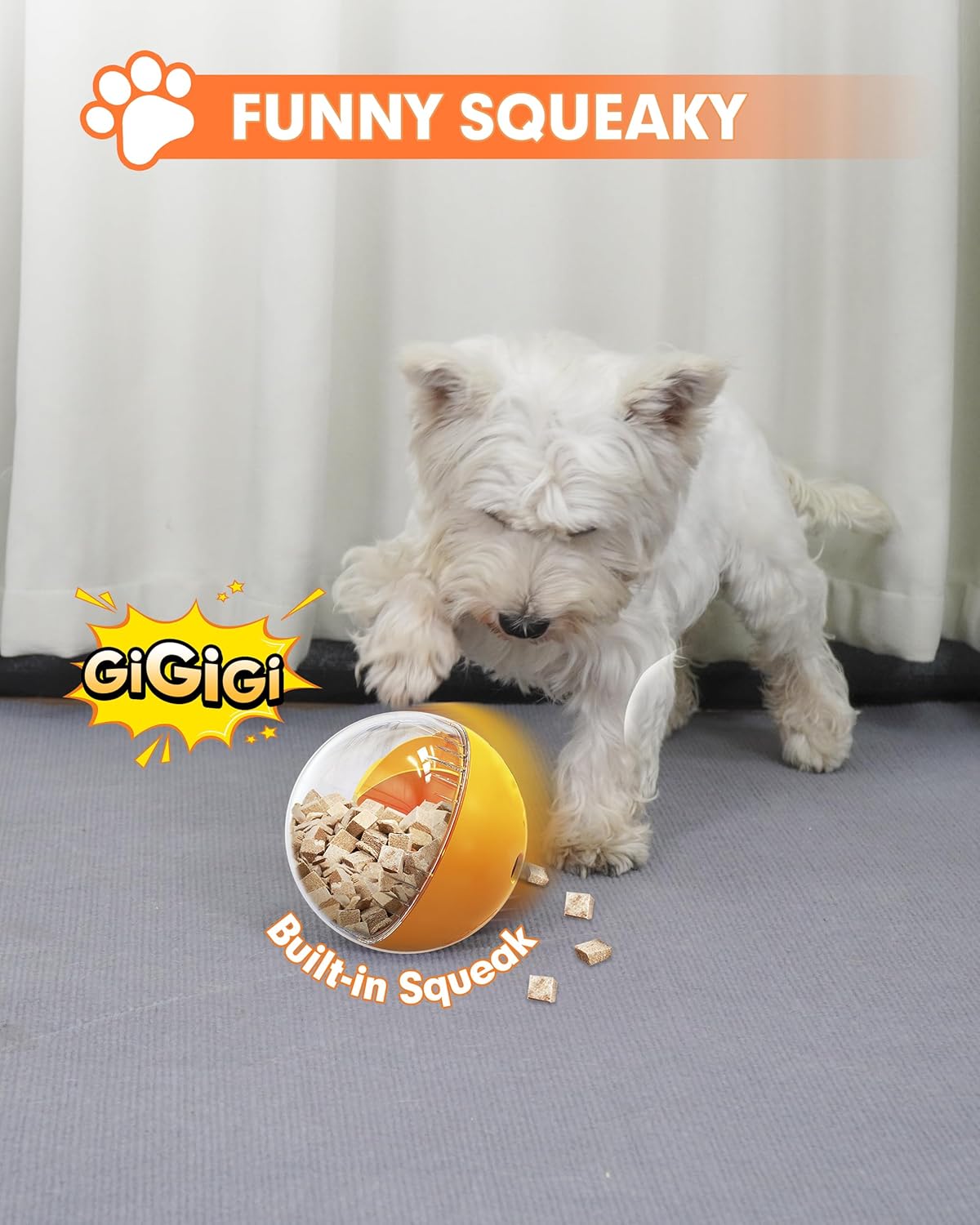 Enrichment Interactive Dog Treat Toy - Level 1 Mental Stimulation for Dogs，Mentally Stimulating Dog Toys for Boredom Busy (Beginner-Orange 5.6" Squeaky Ball)