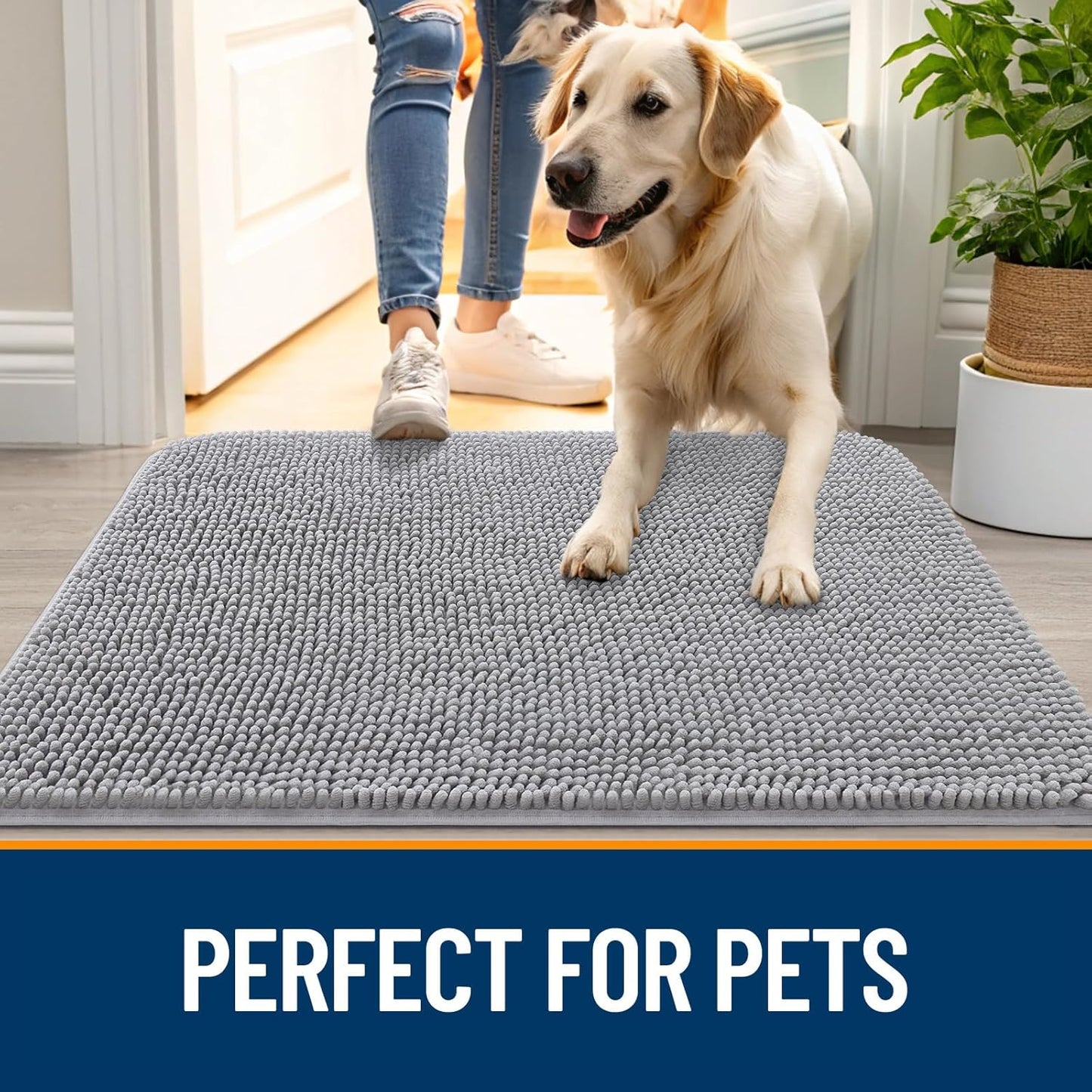 OLANLY Dog Door Mat for Muddy Paws 45x27, Absorbs Moisture and Dirt, Absorbent Non-Slip Washable Doormat, Quick Dry Chenille Mud Mat for Dogs, Entry Indoor Entryway Carpet for Inside Floor, Light Grey