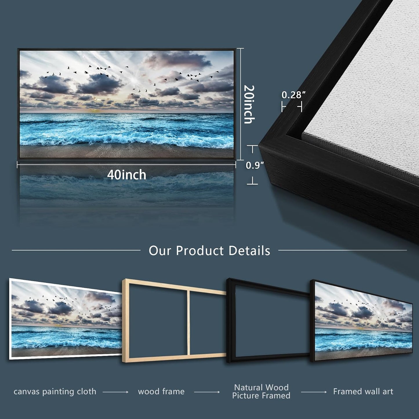 Wapluam Black Framed Canvas Wall Art For Living Room Large Wall Decoration For Bedroom Office Wall Decor Black And White Wall Painting Blue Sea Wave Pictures Artwork Modern Hotel Room Home Wall Art