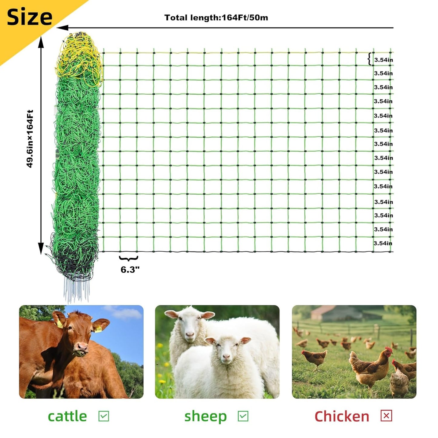 Electric Fence Netting,164'Lx49.6"H, Electric Livestock Netting with 14 Double Barbed Poles, Suitable for Pigs, Cows, Sheep and Other Large Animals, Portable Electric Fence for Farms, Ranches
