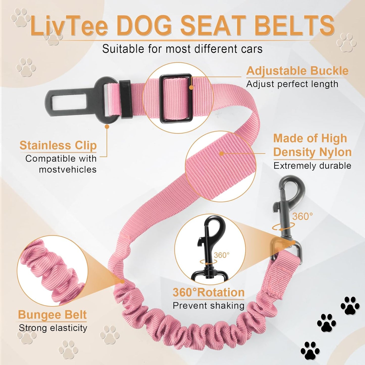 LivTee Dog Seat Belt for Car, Retractable Pet Safety Harness, Adjustable Nylon Dog Seatbelt Leash, Comfortable Dog Accessories for Vehicles (Light Pink-1PCS)
