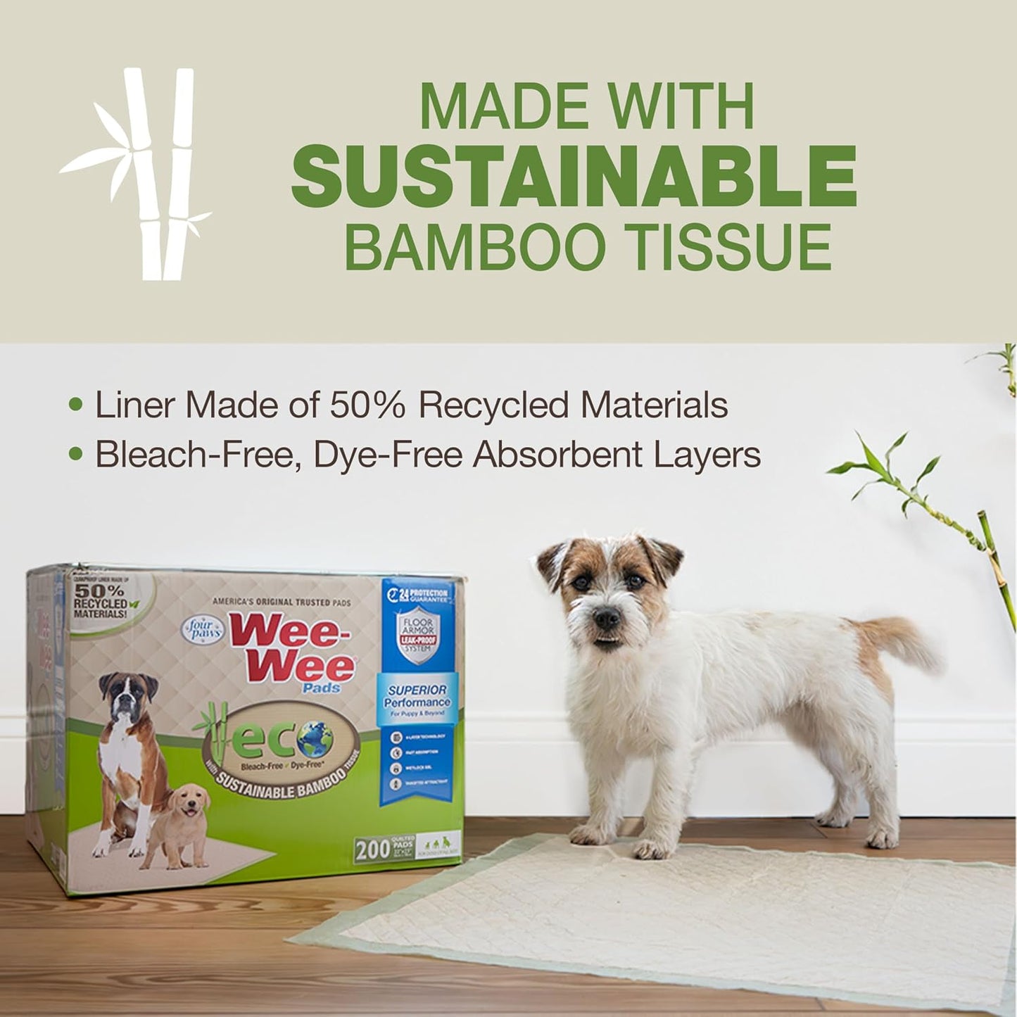 Four Paws Wee-Wee Superior Performance Bamboo Pee Pads for Dogs, Earth Friendly Dog & Puppy Potty Training Pads, Crate Liners, Housebreaking Supplies, 22" x 23" (200 Count)