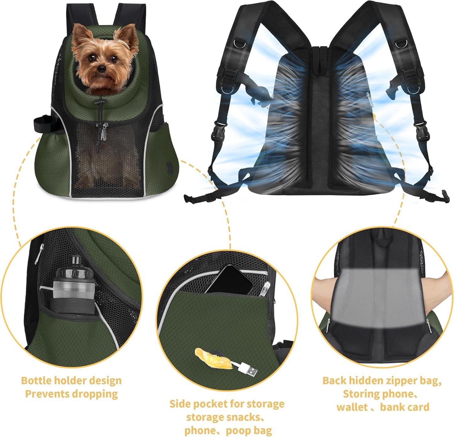WOYYHO Pet Dog Carrier Backpack Small Dog Front Backpack Ventilated Mesh Dog Travel Back Pack with Safety Belt for Travel Hiking Cycling Outdoor Adventures (Size L: 10-14 lbs, Army Green)
