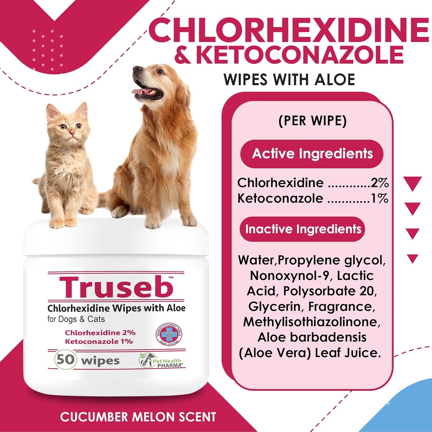 Chlorhexidianes Wipes for Dogs, Cats and Horses (Made in U.S.A) (USA) (Ketoconazole & Chlorhexidine Wipes, 50 Count)
