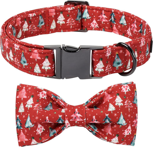 Lionet Paws Christmas Dog Collar with Bow tie,Cute Christmas Tree Red Dog Collar Bow Tie for Large Dogs Female, Neck 16-24 inches
