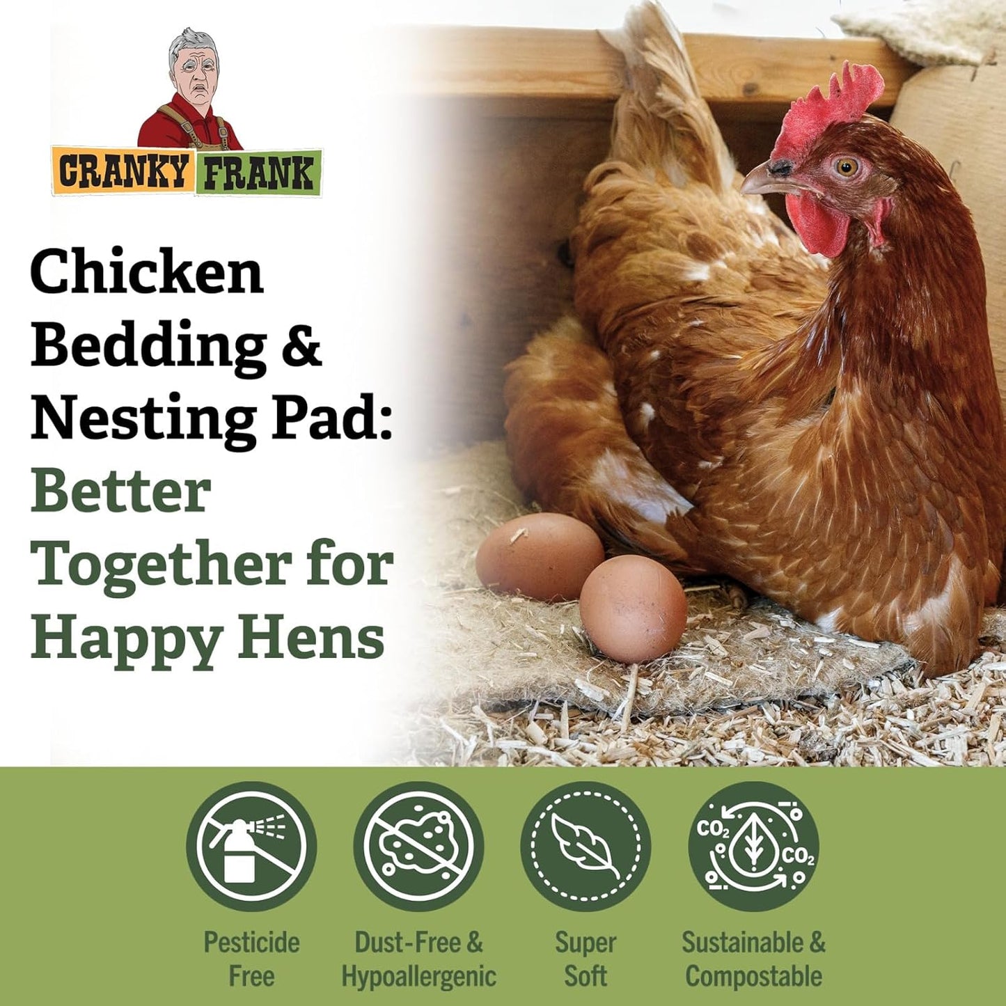Cranky Frank Chicken Hemp Bedding - 75 Usable Liters, 20 LB - All Natural, Dust-Free, Odor-Controlled Coop Bedding for Chickens and Pets - Super Absorbent, Low Waste & Eco-Friendly