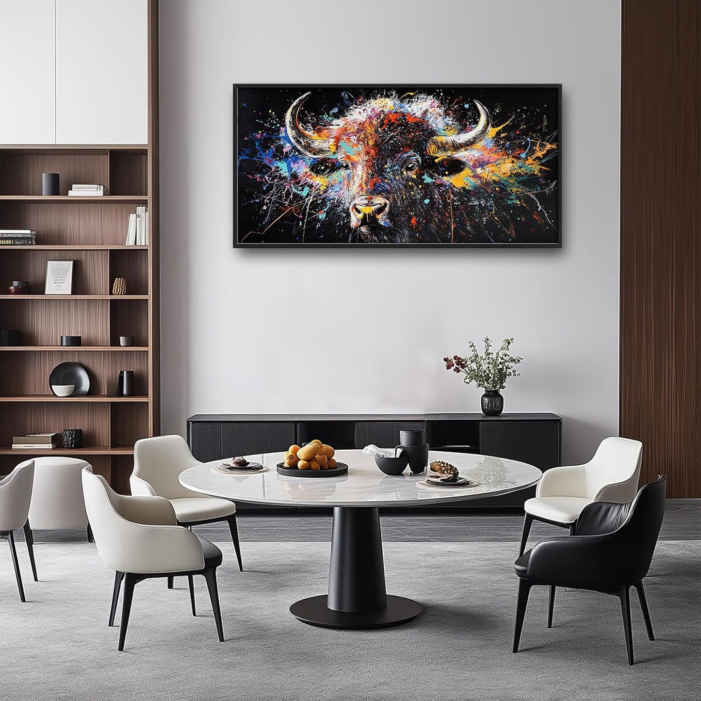 Framed Large Bison Buffalo Wall Art for Living Room, Oversized Graffiti Yak Cow Wall Decor Banksy Bull Canvas Painting Animal Pictures Modern Artwork for Living Room Bedroom Office 60"x30"