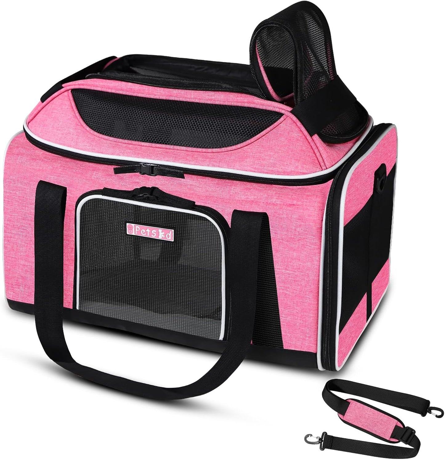 Petskd Top-Expandable Pet Carrier 18x11x11 Inches Delta American United Airline Approved, Soft-Sided Carrier for Small Cats and Dogs with Locking Safety Zippers and Anti-Scratch Mesh(Pink)