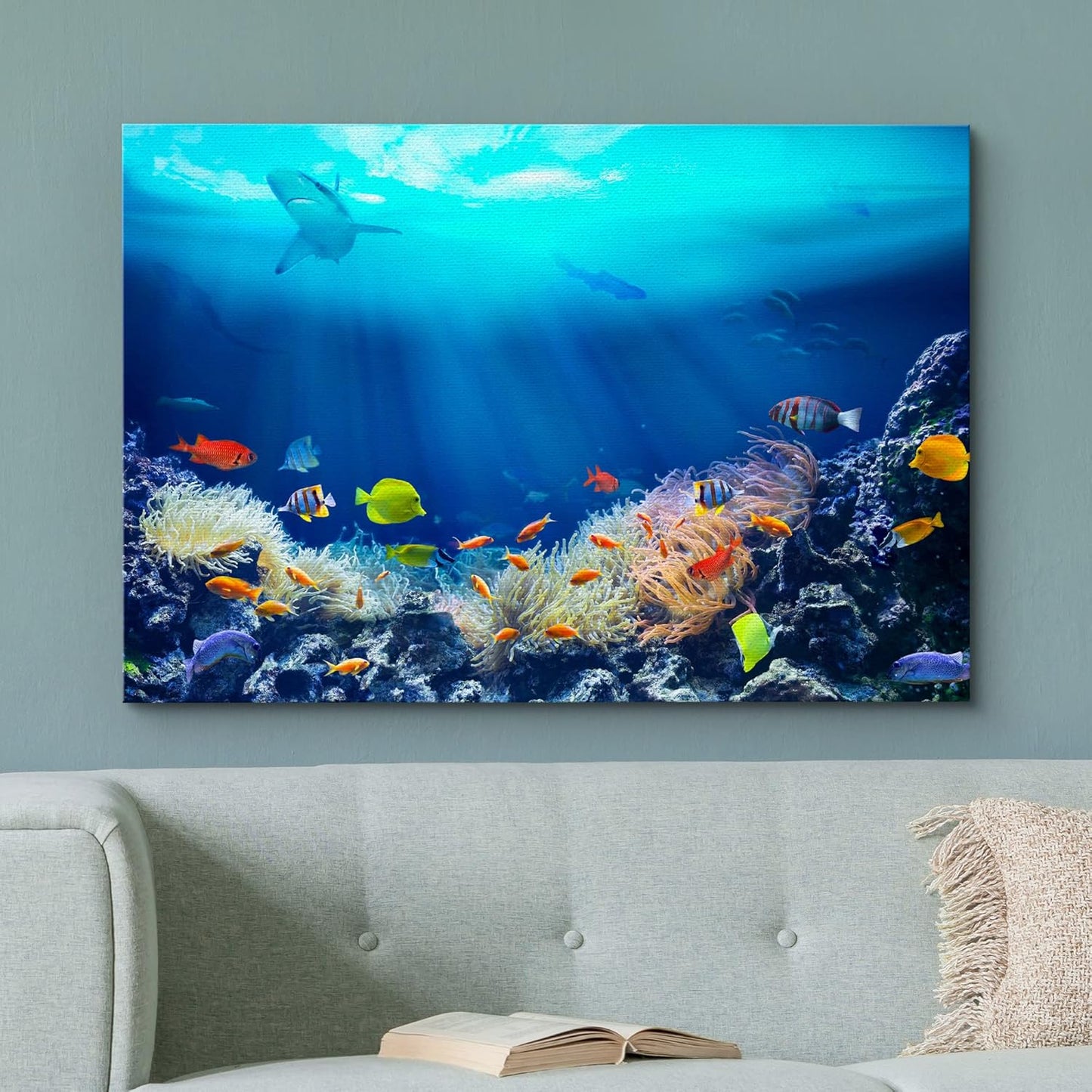 wall26 Canvas Print Wall Art Shining Sunlight Coral Reef Shark & Fish Nature Animals Photography Realism Rustic Scenic Landscape Wilderness Earth Colorful for Living Room, Bedroom, Office - 16"x24"