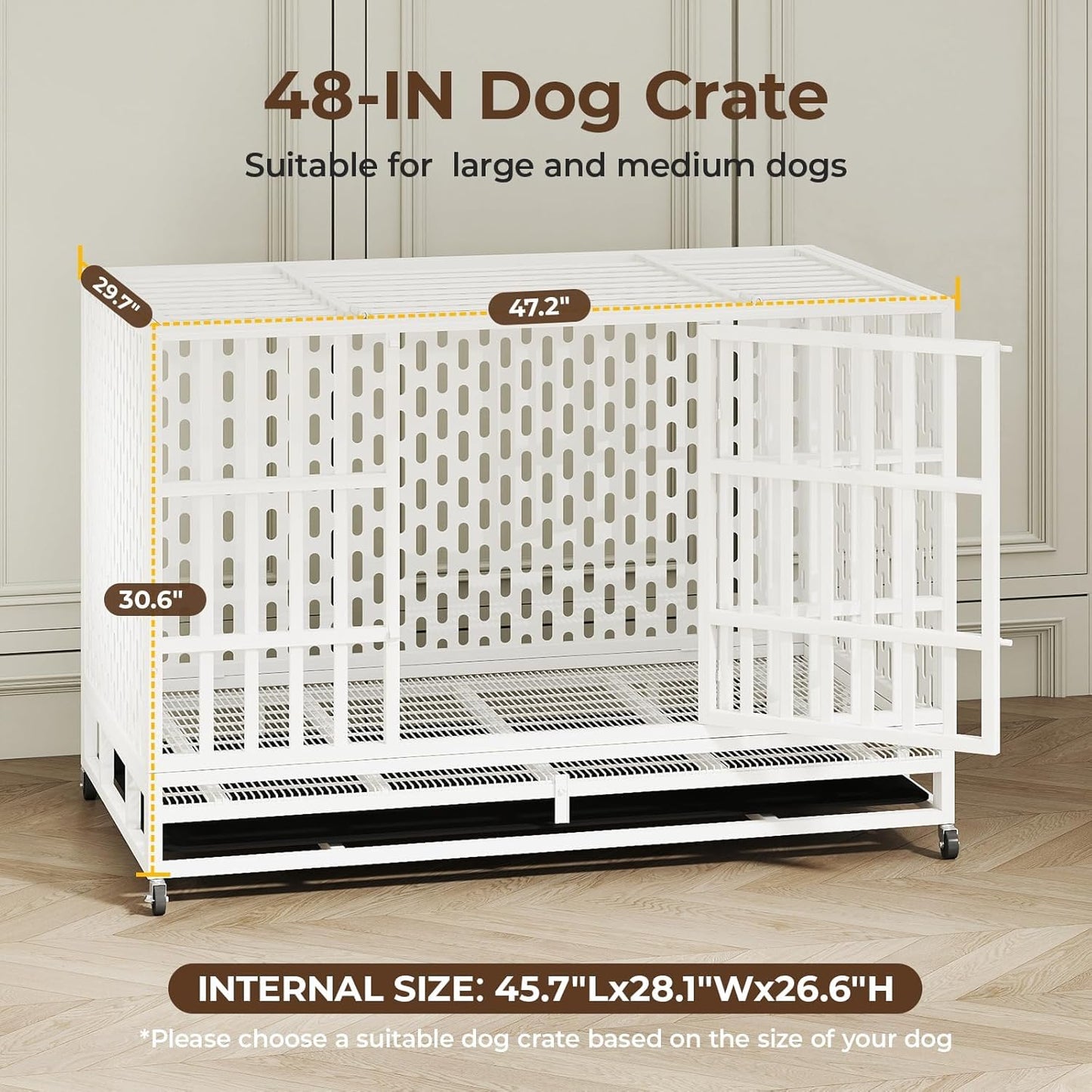 48 Inch Heavy Duty Indestructible Dog Crate Steel Escape Proof, Indoor Double Door High Anxiety Cage, Kennel with Wheels, Removable Tray,White,Extra Large XL XXL