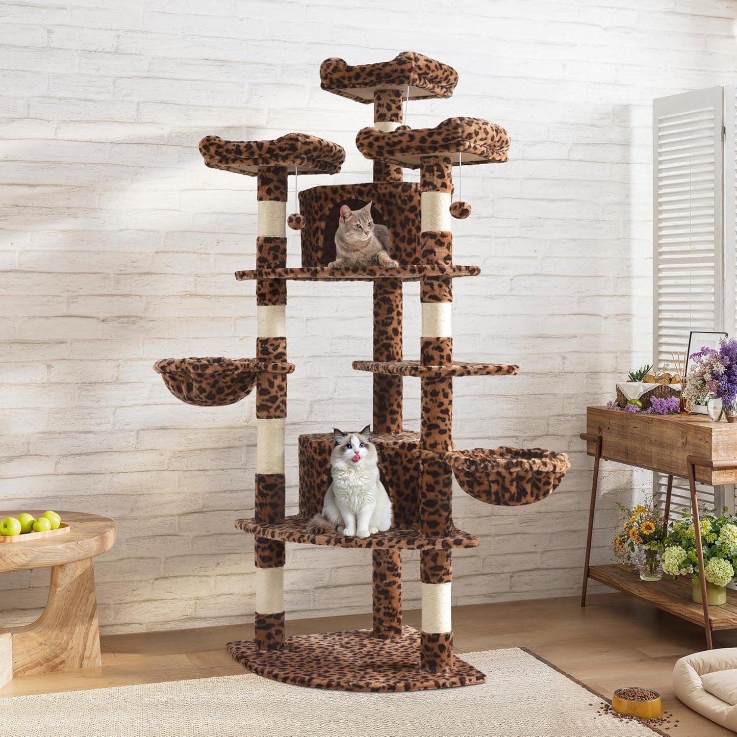 SHA CERLIN 73in Fan-Shaped Corner Cat Tower for Save Space/Multi-Level Tall Cat Tree for Indoor Kitties/Condo with Baskets/Cozy Perches/Sisal Scratching Posts/Pet Activity House/Leopard Print