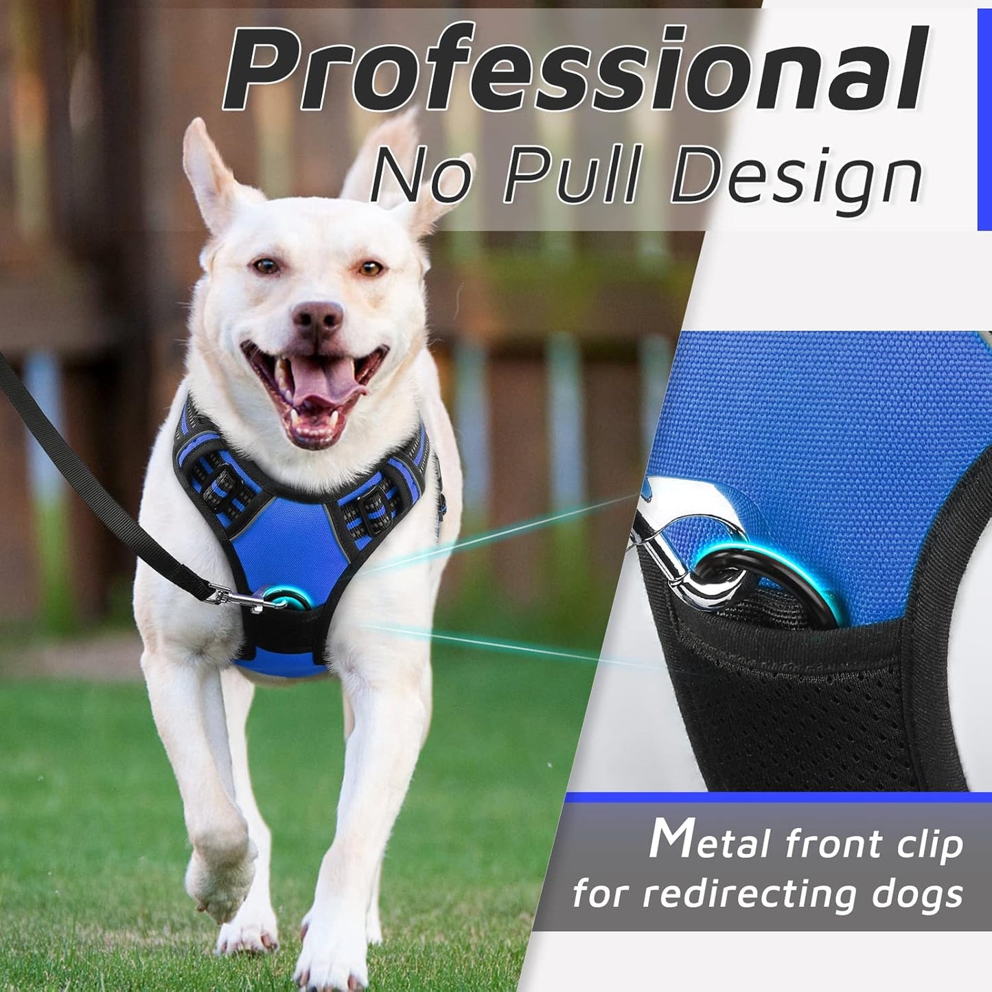 Eagloo Dog Harness Medium Sized Dog, No Pull Service Vest with Reflective Strips and Control Handle, Adjustable and Comfortable for Easy Walking, No Choke Pet Harness with 2 Metal Rings, Blue, M