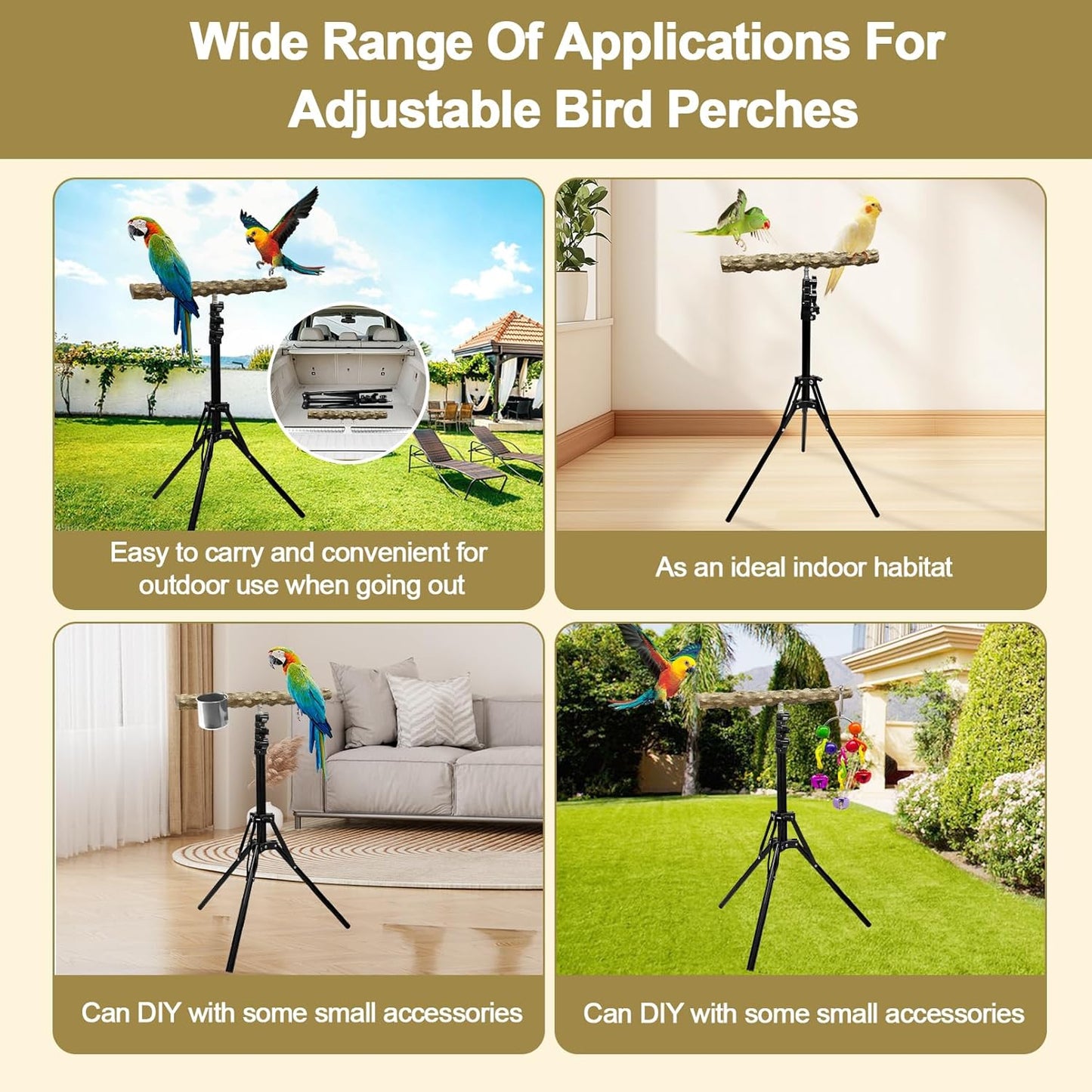 16-63 Inch Height Adjustable Bird Perch Pepper Wood Bird Training Perch Stand Parakeet Perches Indoor and Outdoor Parrot Stands for Small to Medium Bird