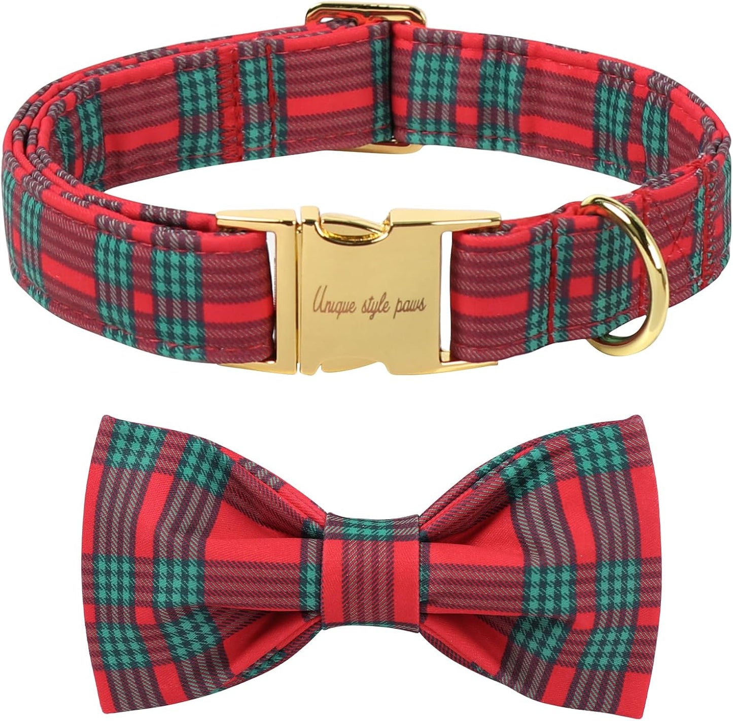 Unique Style Paws Christmas Dog Collar with Bow Red Green Plaid Cotton Puppy Collars for Small Medium Large Dogs