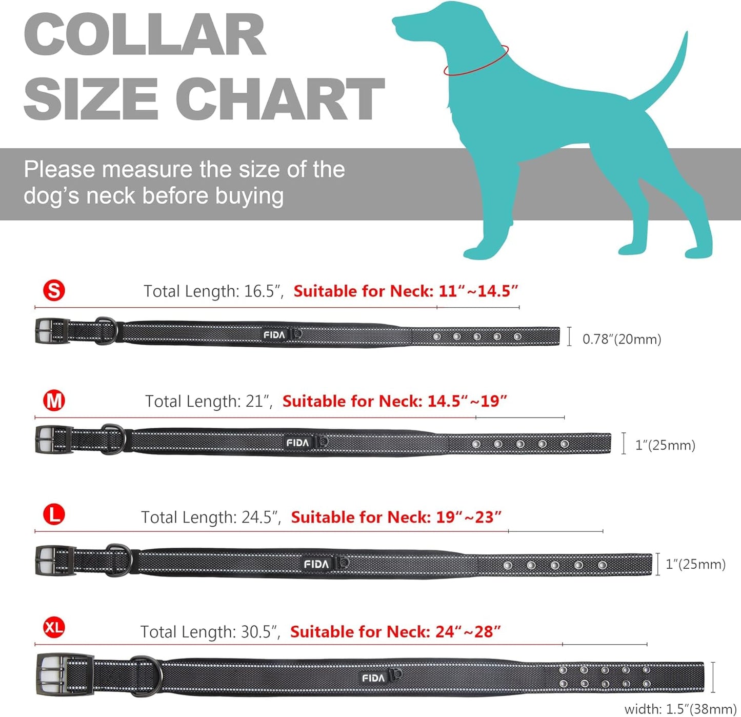 Fida Heavy Duty Dog Collar, Ultra Comfortable Soft Neoprene Padded, Adjustable Reflective Nylon Pet Collar with Durable Metal Belt Buckle for Small Breeds (S, Black)