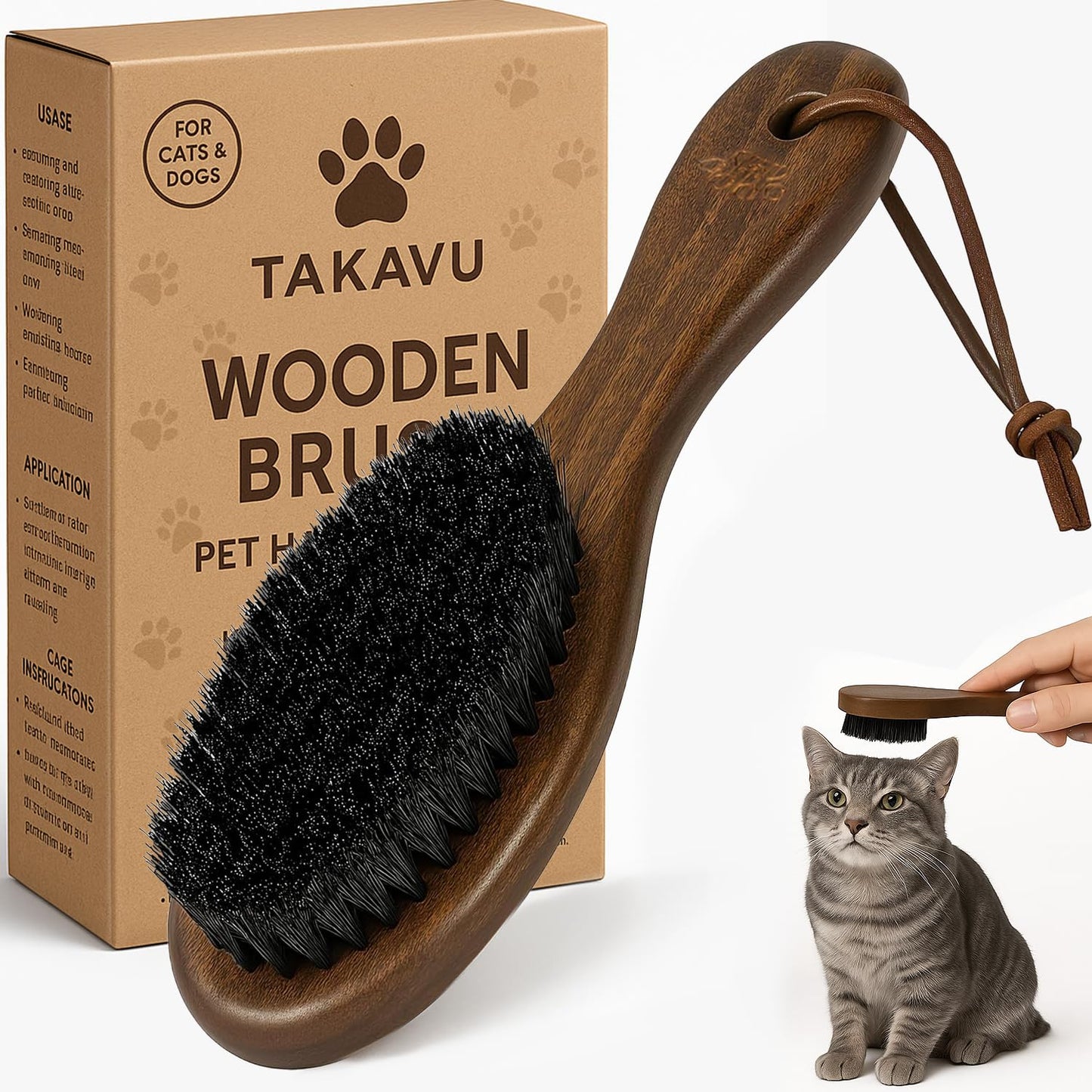 Takavu Boar Bristle Cat Hair Brush, Gentle Grooming Brush with Natural Bristles and Wooden Handle for Sensitive Skin, Pet Cleaning Supplies Keeping Your Cat's Fur Hair Coat Healthy and Shiny