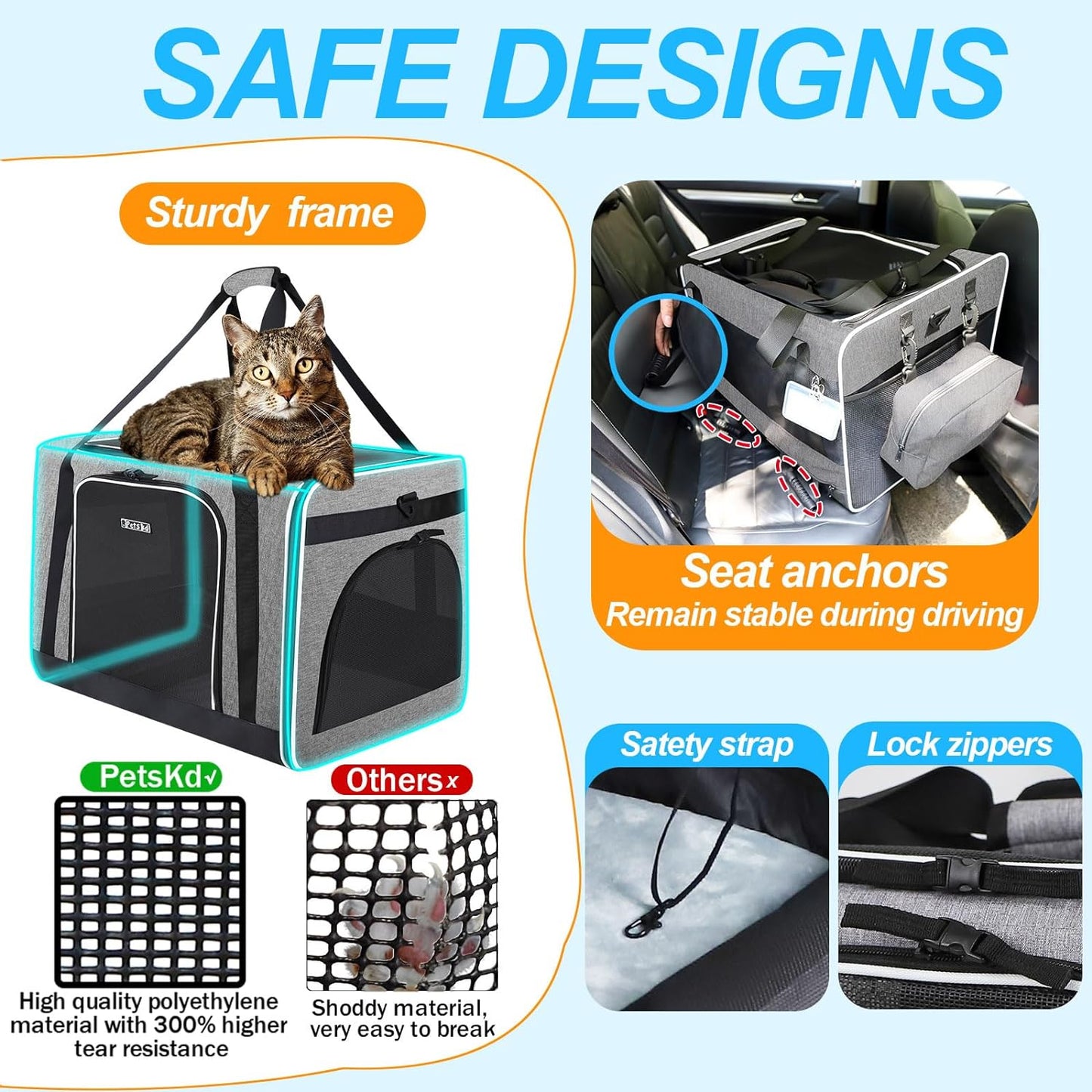 Petskd Extra Large Cat Carrier with Wheels and Litter Box 24"x17"x17" for Large Cat or 2 Small Cats, Collapsible Soft Sided Pet Carrier for Car Travel with Lockable Safety Zippers(Grey)