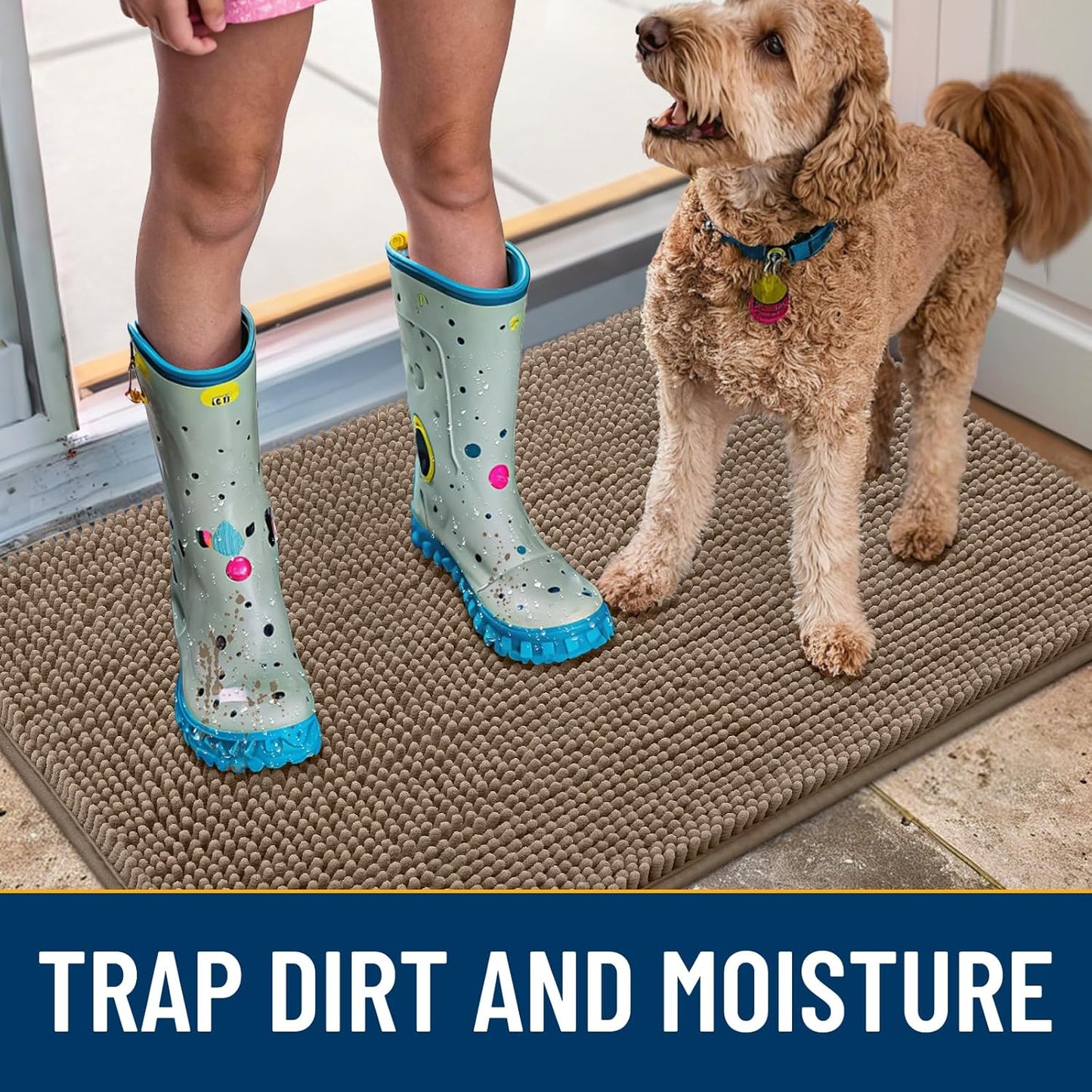 Smiry Dog Door Mat for Muddy Paws 30x20, Absorbs Moisture and Dirt Doormat, Non-Slip Washable Quick Dry Chenille Front Door Mat Indoor Entrance, Entryway Carpet for Inside Floor, Camel