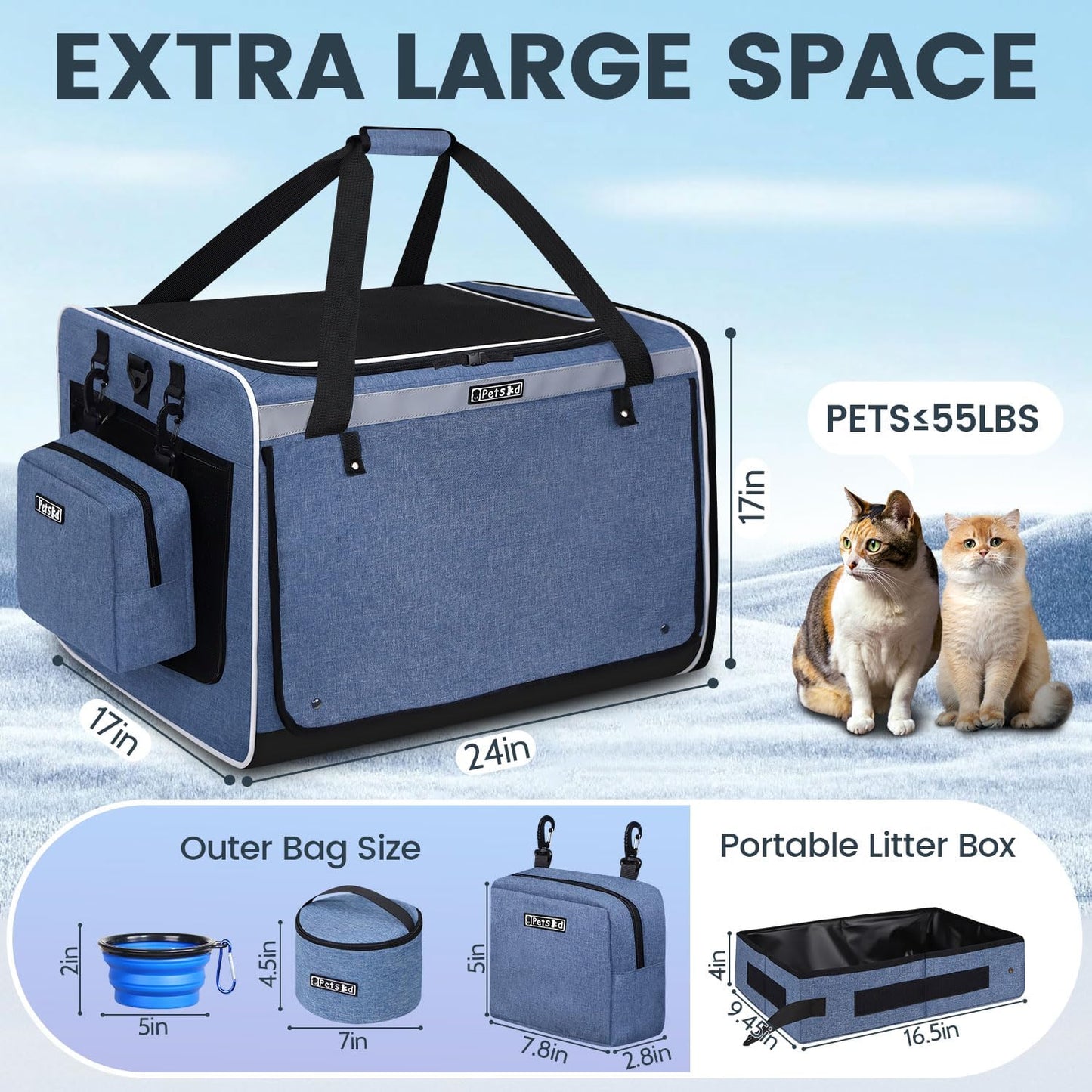 Petskd Extra Large Cat Carrier for 55LBS Pet Car Travel with Litter Box, 24"x17"x17" Soft Large Cats or Medium Dog Carrier with 5 Breathable Mesh Windows and Locking Zippers for Long Distance(Blue)
