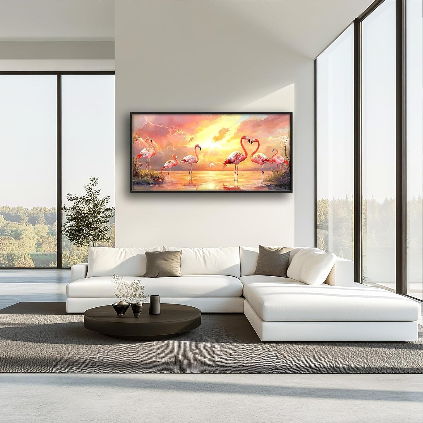 Large Flamingo Wall Art for Living Room, Framed Oversized Sunset Lake Wall Decor Landscape Canvas Painting Pictures Modern Artwork for Living Room Bathroom Bedroom Office Dining Room 60"x30"