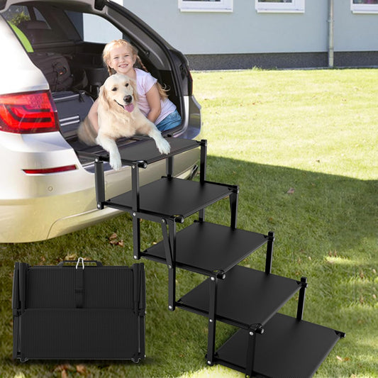 Extra Wide 5 Steps Dog Stairs for Large Dogs, Foldable Dog Ramp for Car with Non-Slip Surface, Lightweight Dog Stairs for Cars, Dog Steps for Cars, SUV, High Beds, Truck, Supports up to 250 lbs