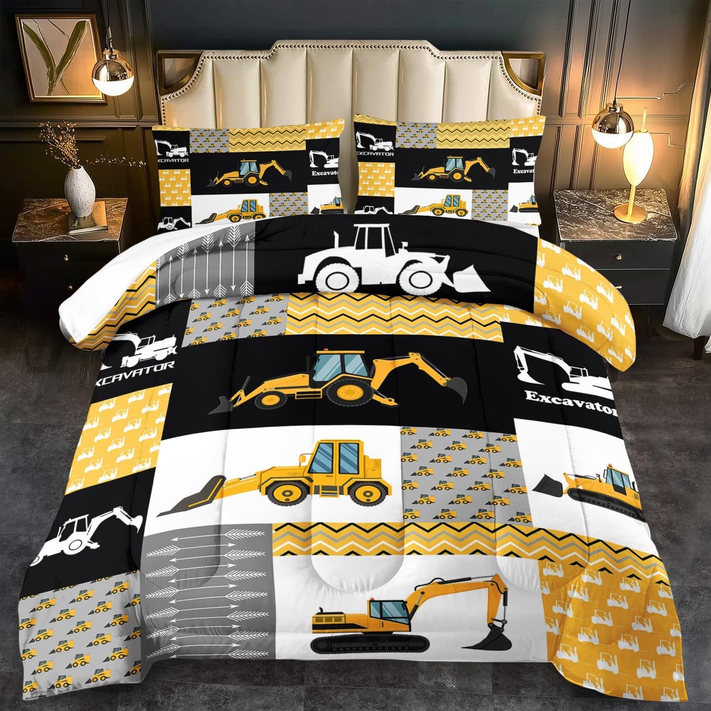 Construction Comforter Set Full Boys,Yellow Full Construction Bedding Set,Engineering Vehicles Comforter Yellow Bedroom Decor Kids,Truck Quilt Cartoon Truck Bedding for Teen